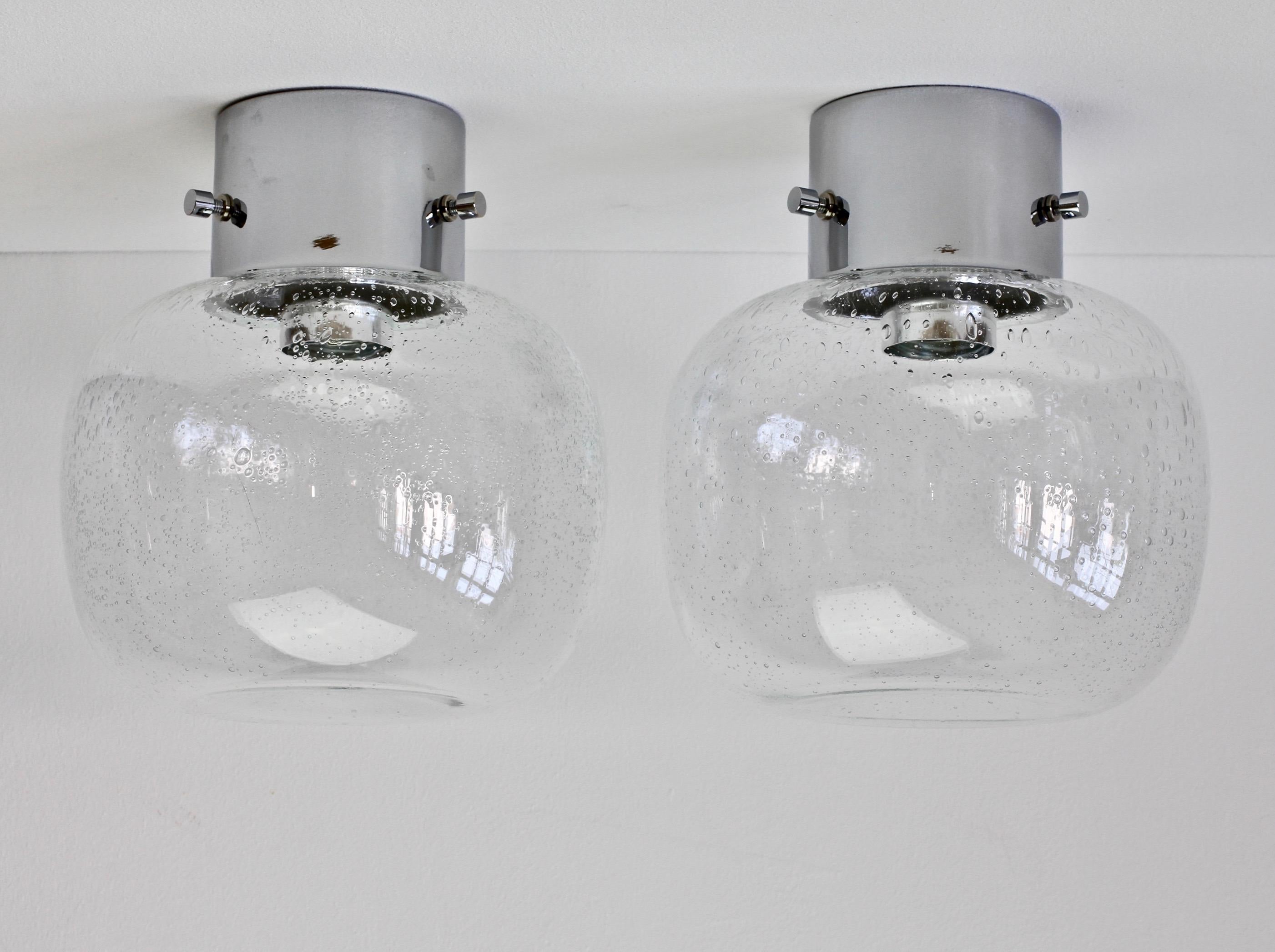 German Limburg Pair of Vintage 1970s Clear Bubble Glass and Chrome Flush Mount Lights