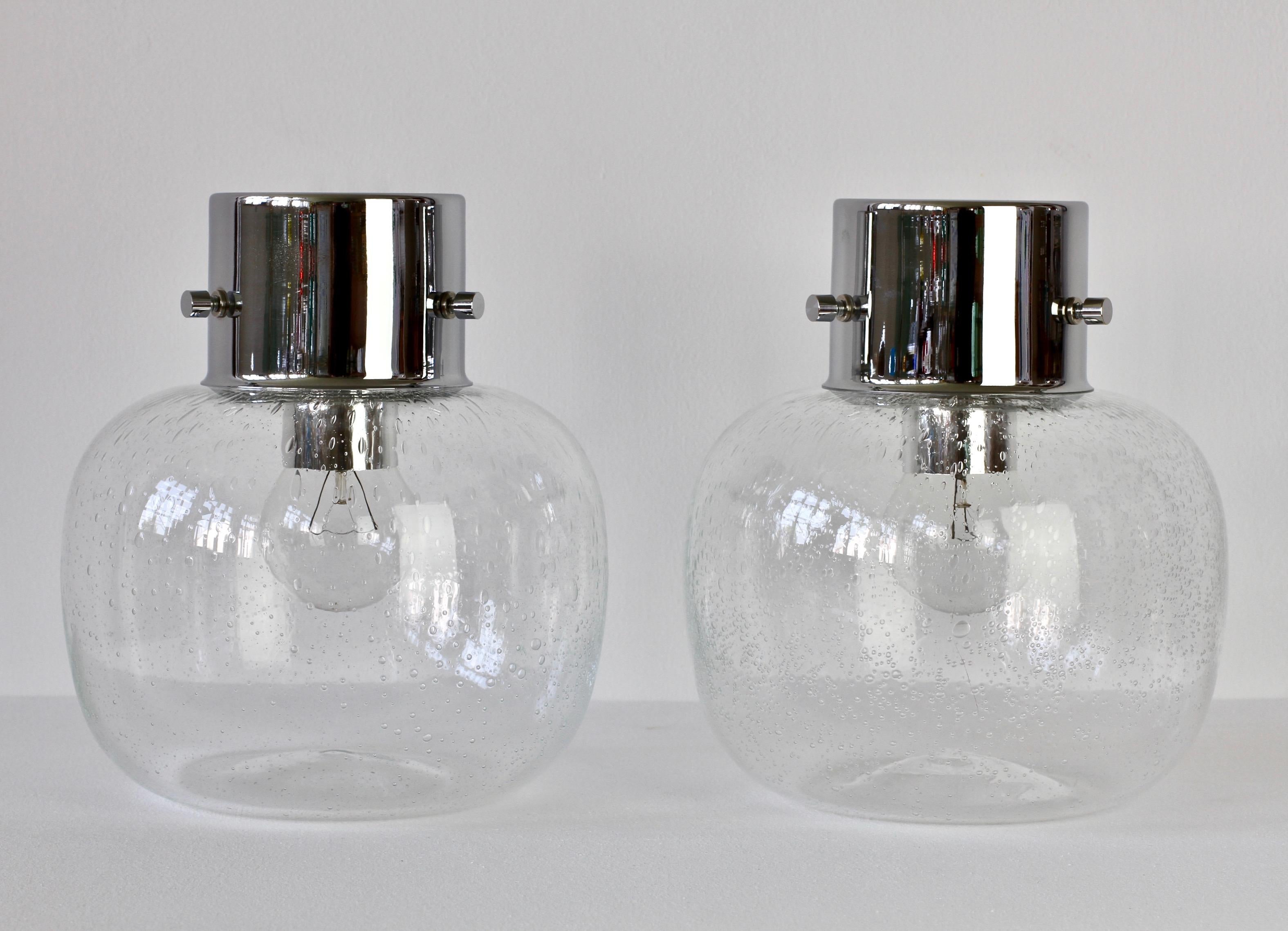 Molded Limburg Pair of Vintage 1970s Clear Bubble Glass and Chrome Flush Mount Lights