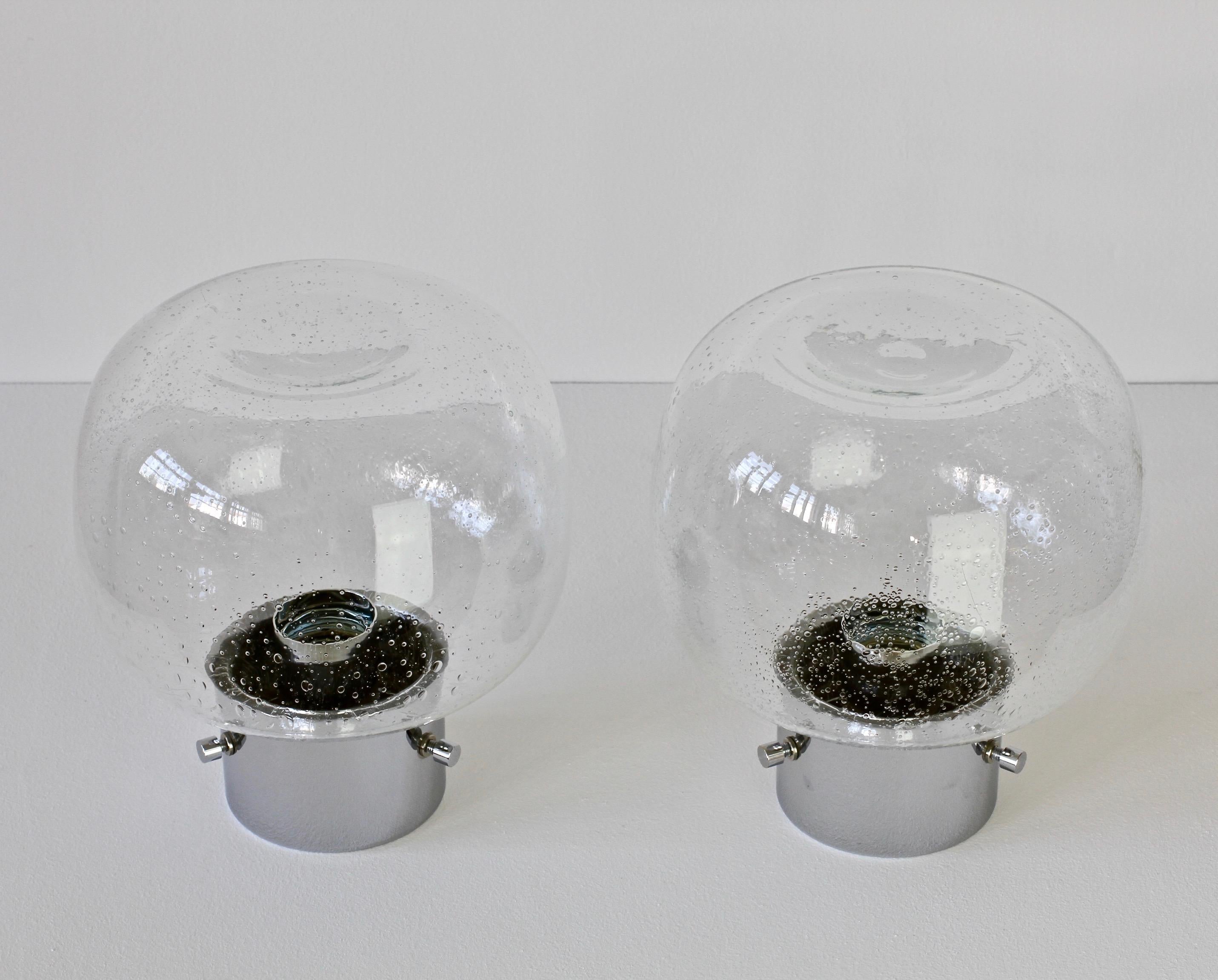 Blown Glass Limburg Pair of Vintage 1970s Clear Bubble Glass and Chrome Flush Mount Lights