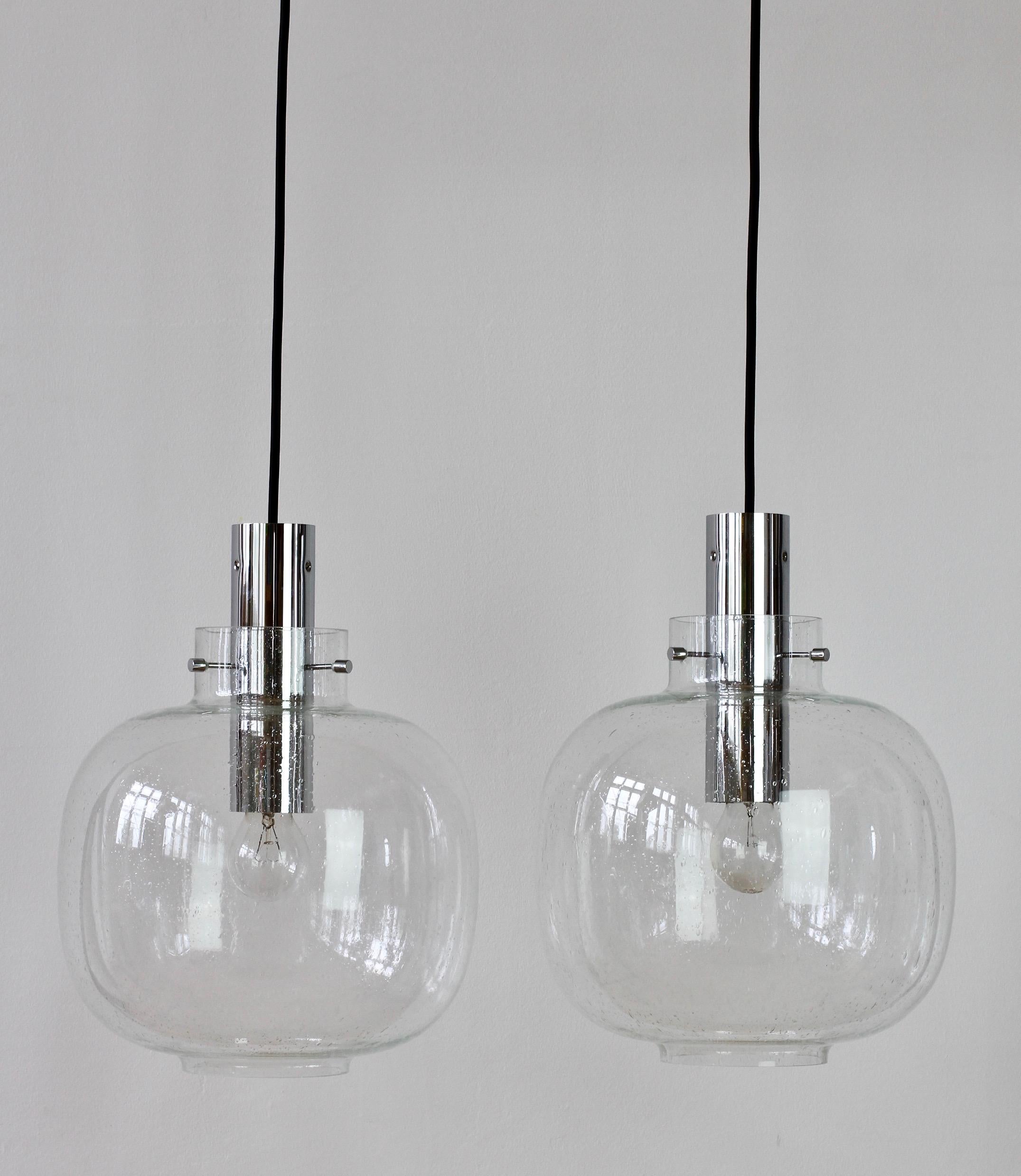 20th Century Limburg Large Pair of Vintage 1970s Clear Bubble Glass and Chrome Pendant Lights