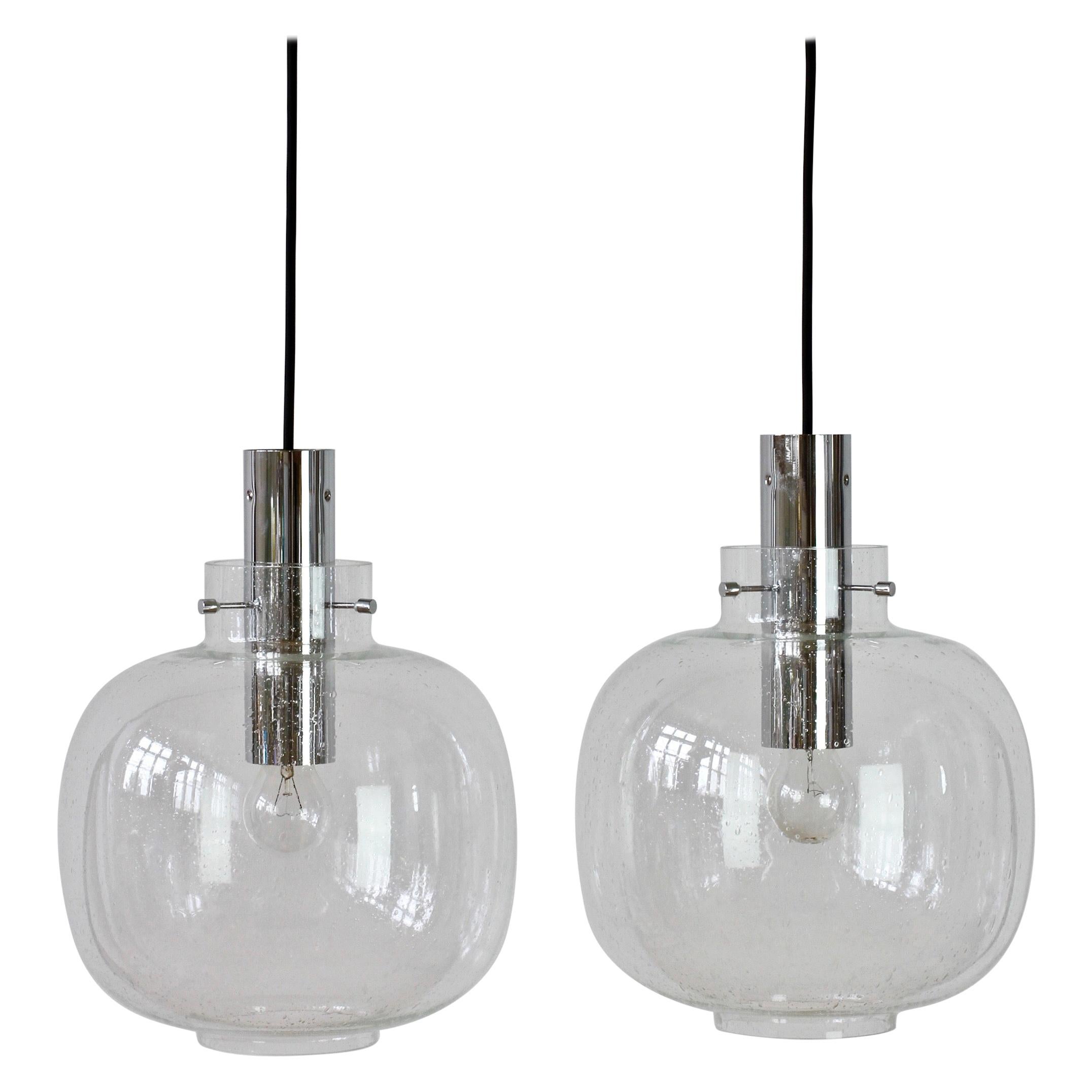 Limburg Large Pair of Vintage 1970s Clear Bubble Glass and Chrome Pendant Lights