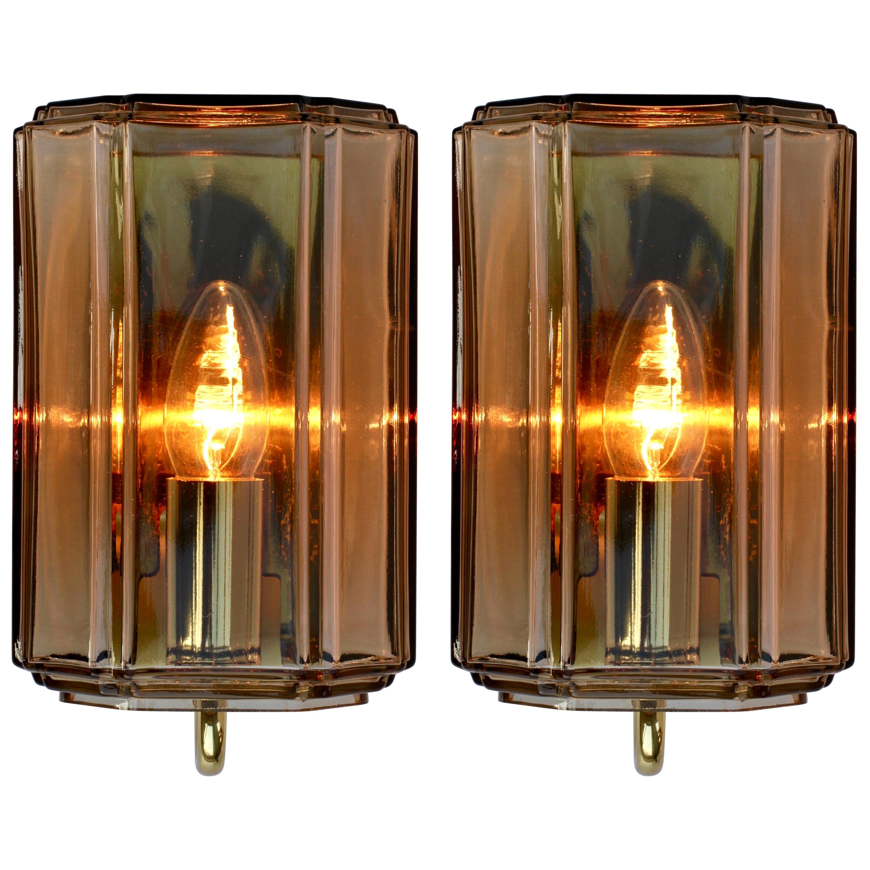 Limburg Pair of Vintage 1970s Smoked 'Topaz' Glass and Brass Wall Lights Lamps