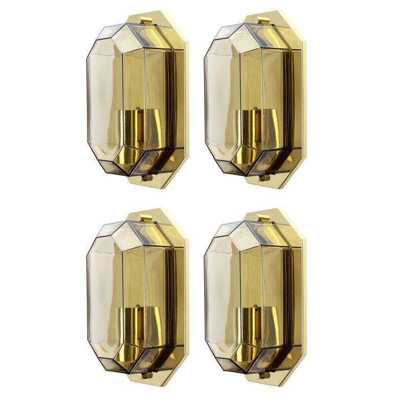 Mid-Century Modern Limburg Pair of Vintage Geometric Smoked Glass and Brass Wall Lights, 1980s For Sale