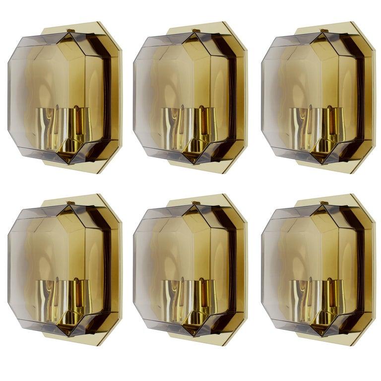 German Limburg Pair of Vintage Geometric Smoked Topaz Glass & Brass Wall Lights, 1980s For Sale