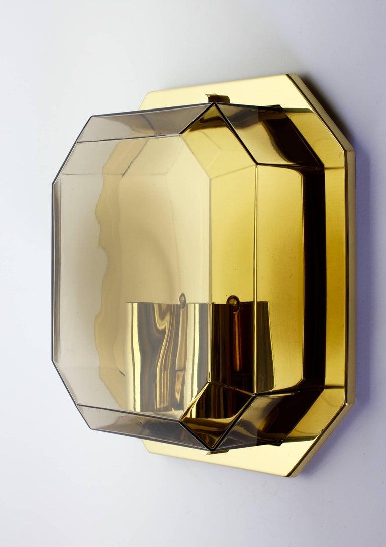 Polished Limburg Pair of Vintage Geometric Smoked Topaz Glass & Brass Wall Lights, 1980s For Sale