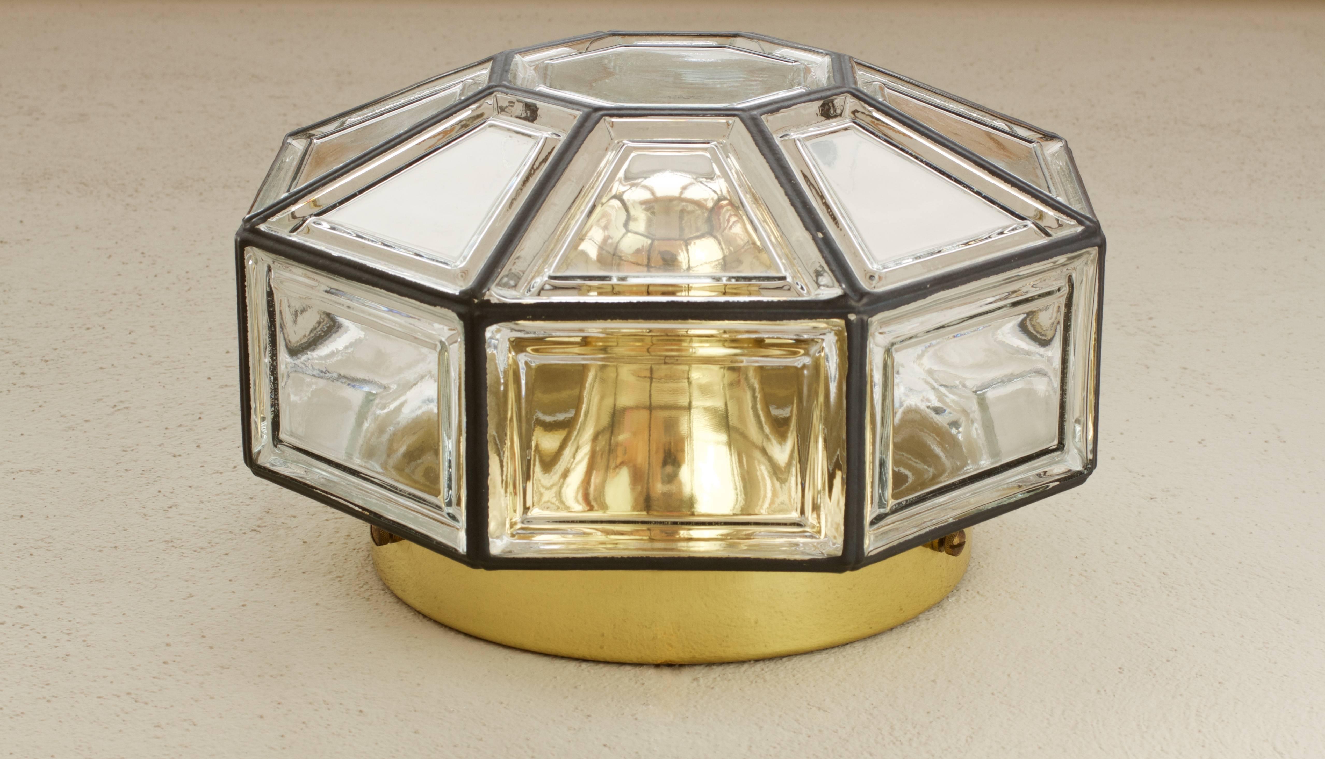 Polished Limburg Pair of Vintage Art Deco Style Iron and Clear Glass Flush Mount Lights For Sale