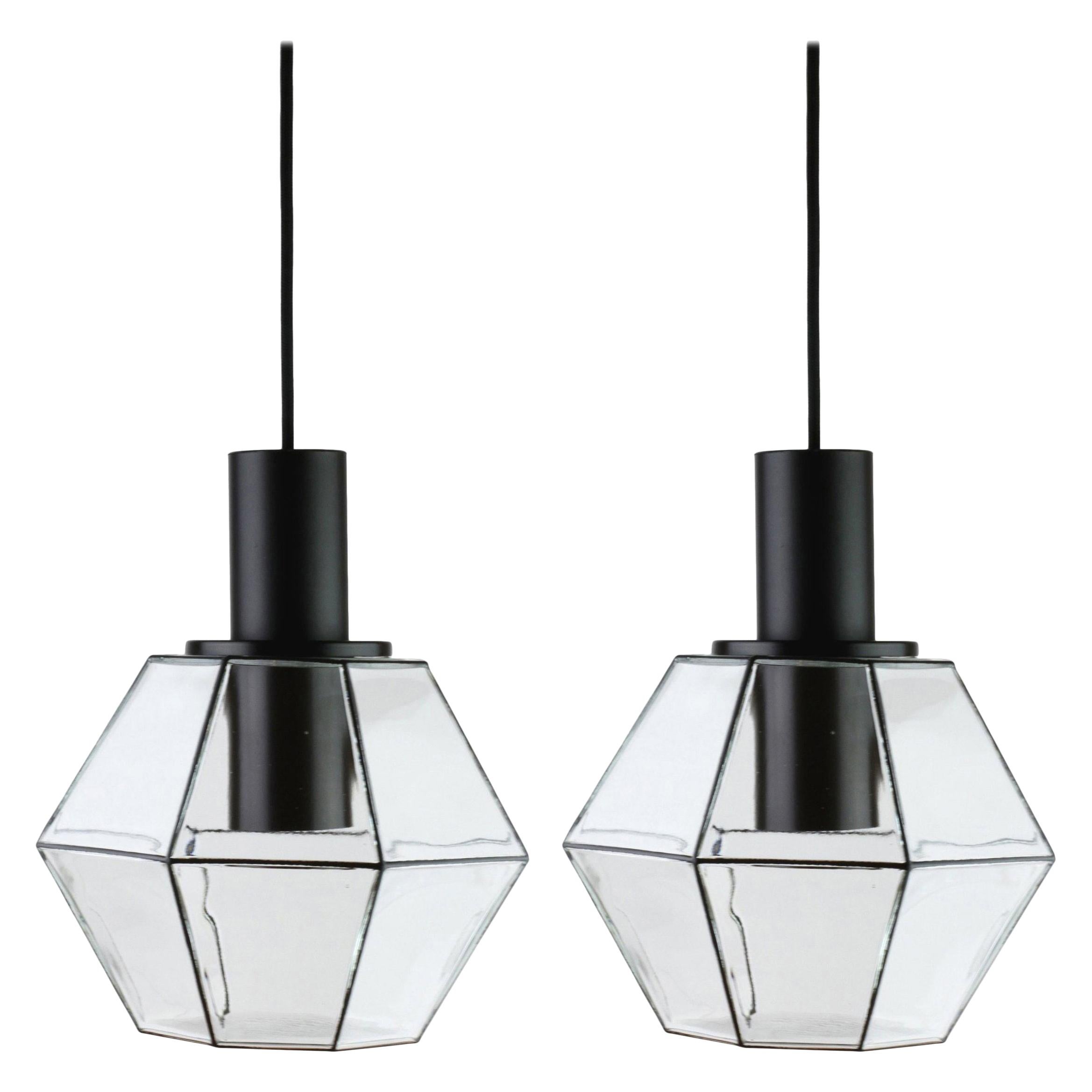 Limburg Pair of Vintage Minimalist Geometric Black & Clear Glass Pendant Lights