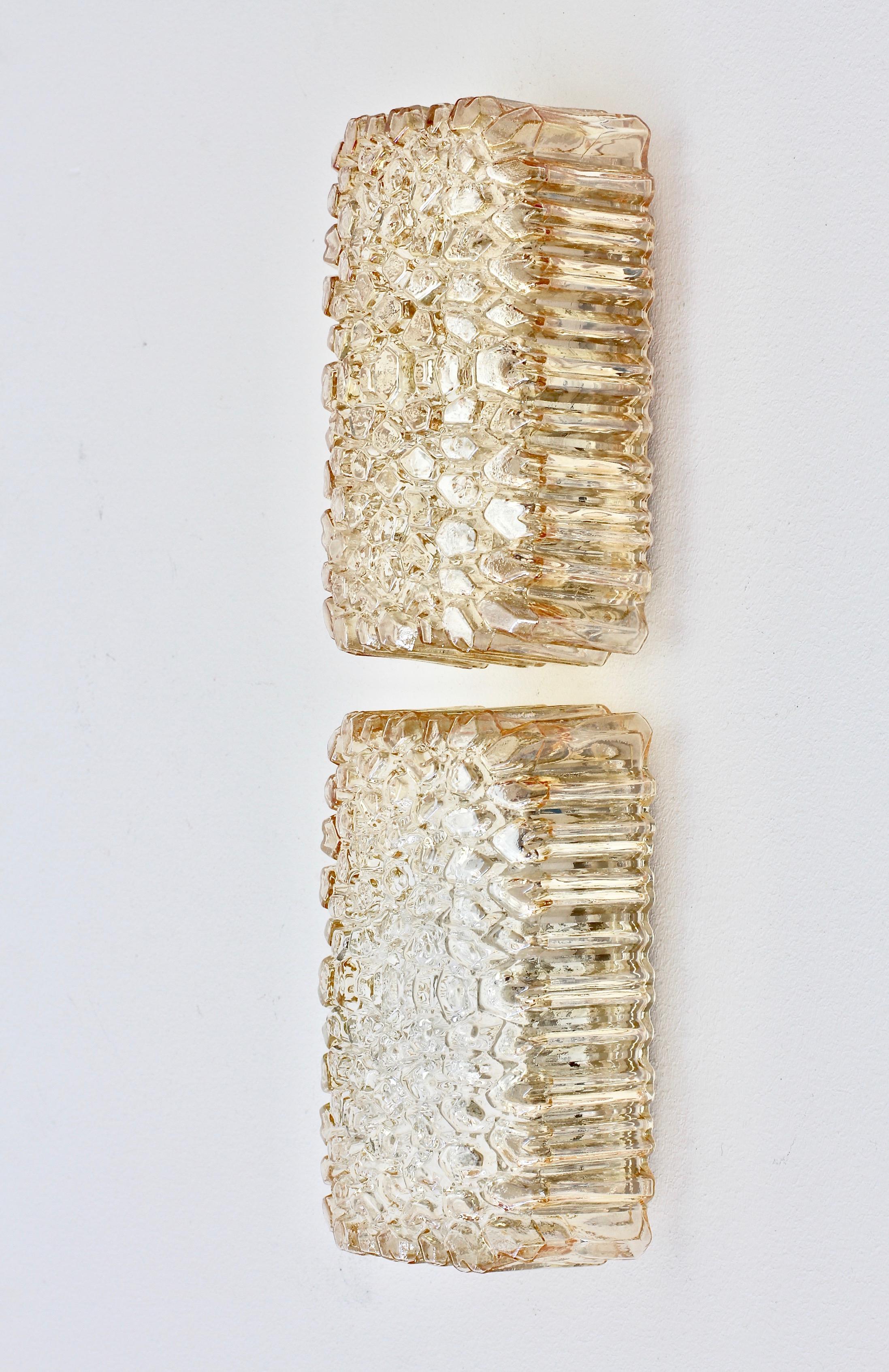 German Limburg Pair of Wall Lights 1970s Organic Textured Amber Toned Ice Glass Sconces