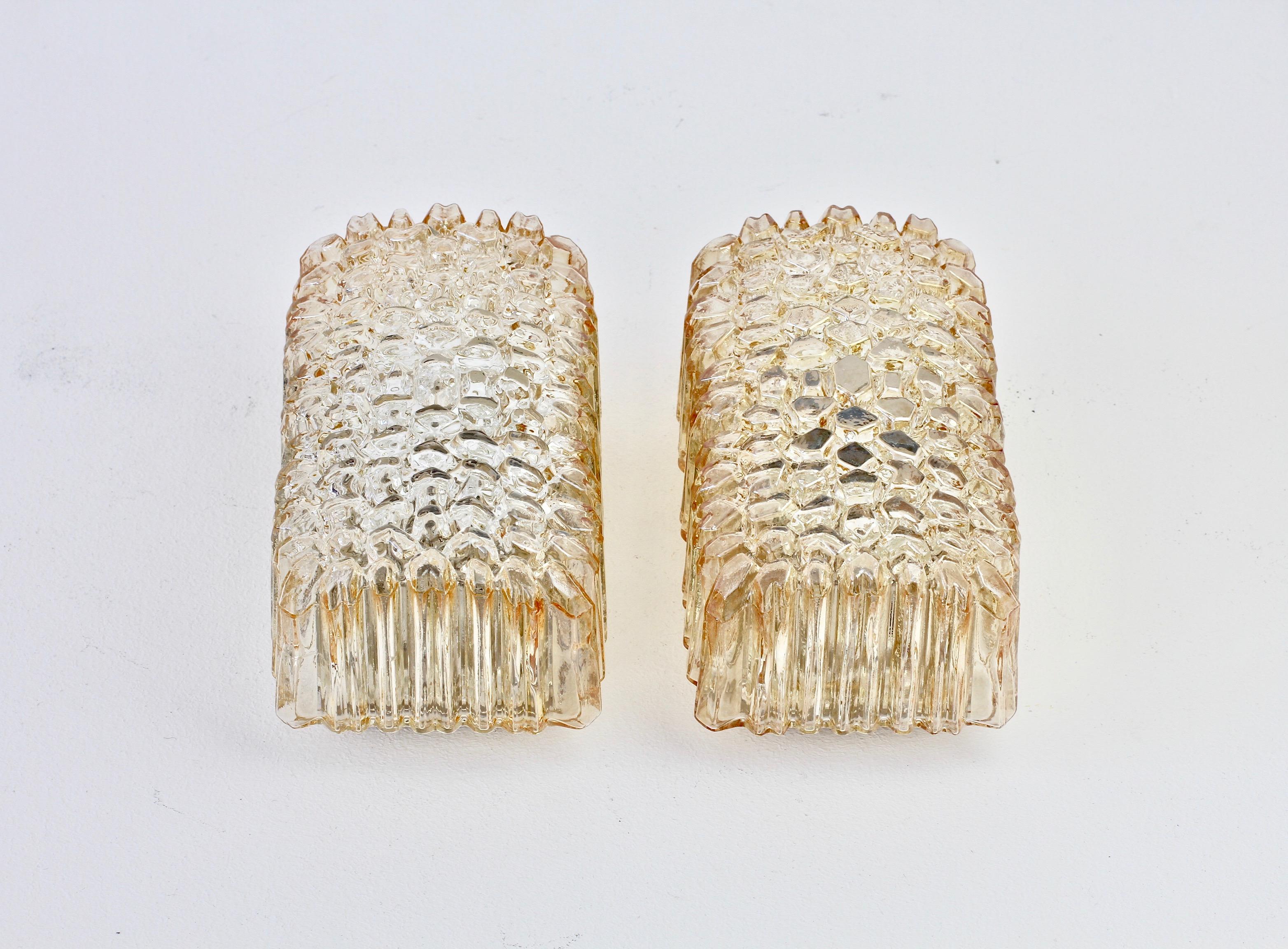 Molded Limburg Pair of Wall Lights 1970s Organic Textured Amber Toned Ice Glass Sconces