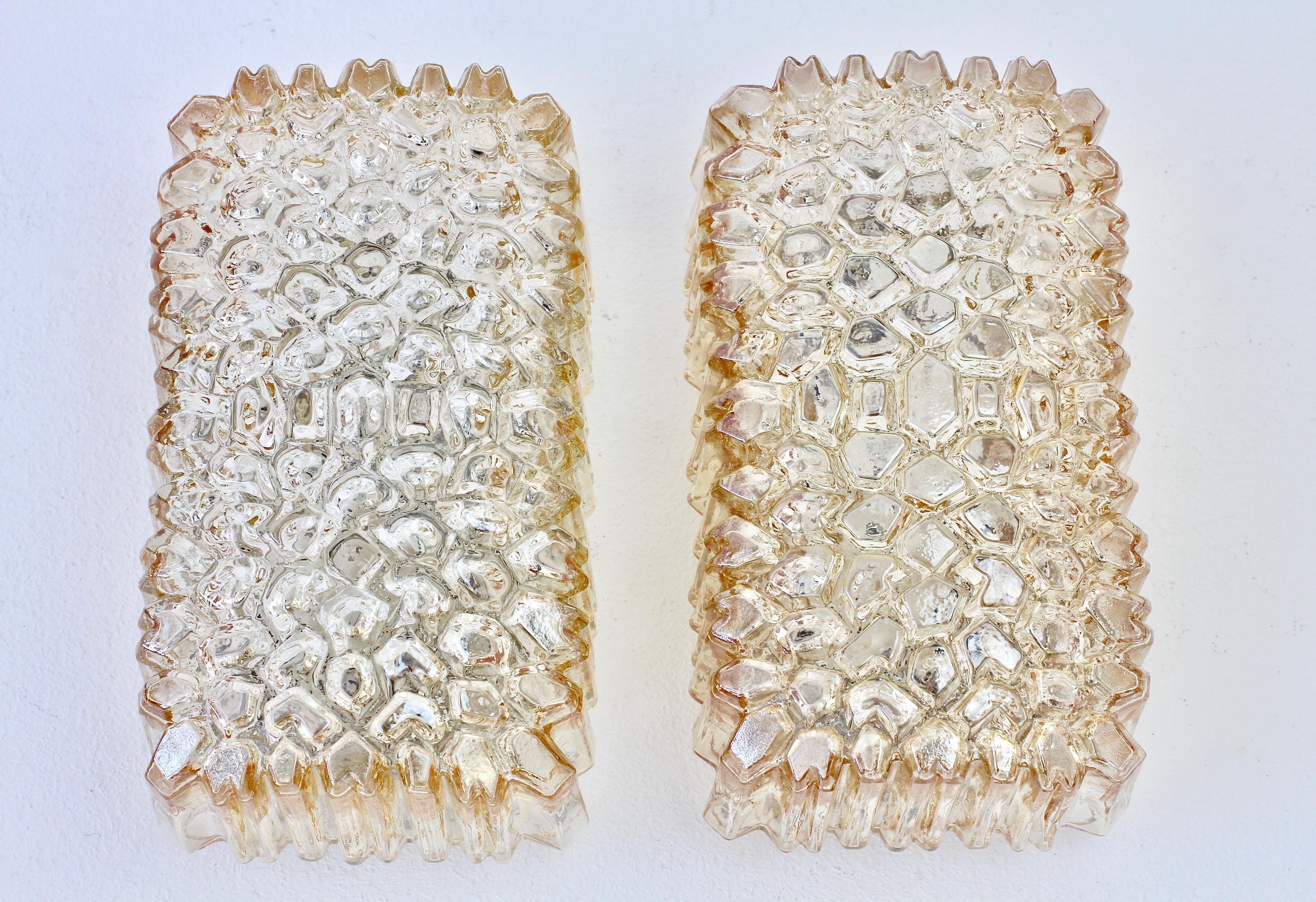 Metal Limburg Pair of Wall Lights 1970s Organic Textured Amber Toned Ice Glass Sconces