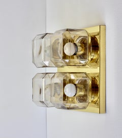 Limburg Pair Vintage Geometric Champagne Toned Glass & Brass Flush Mounts 1970