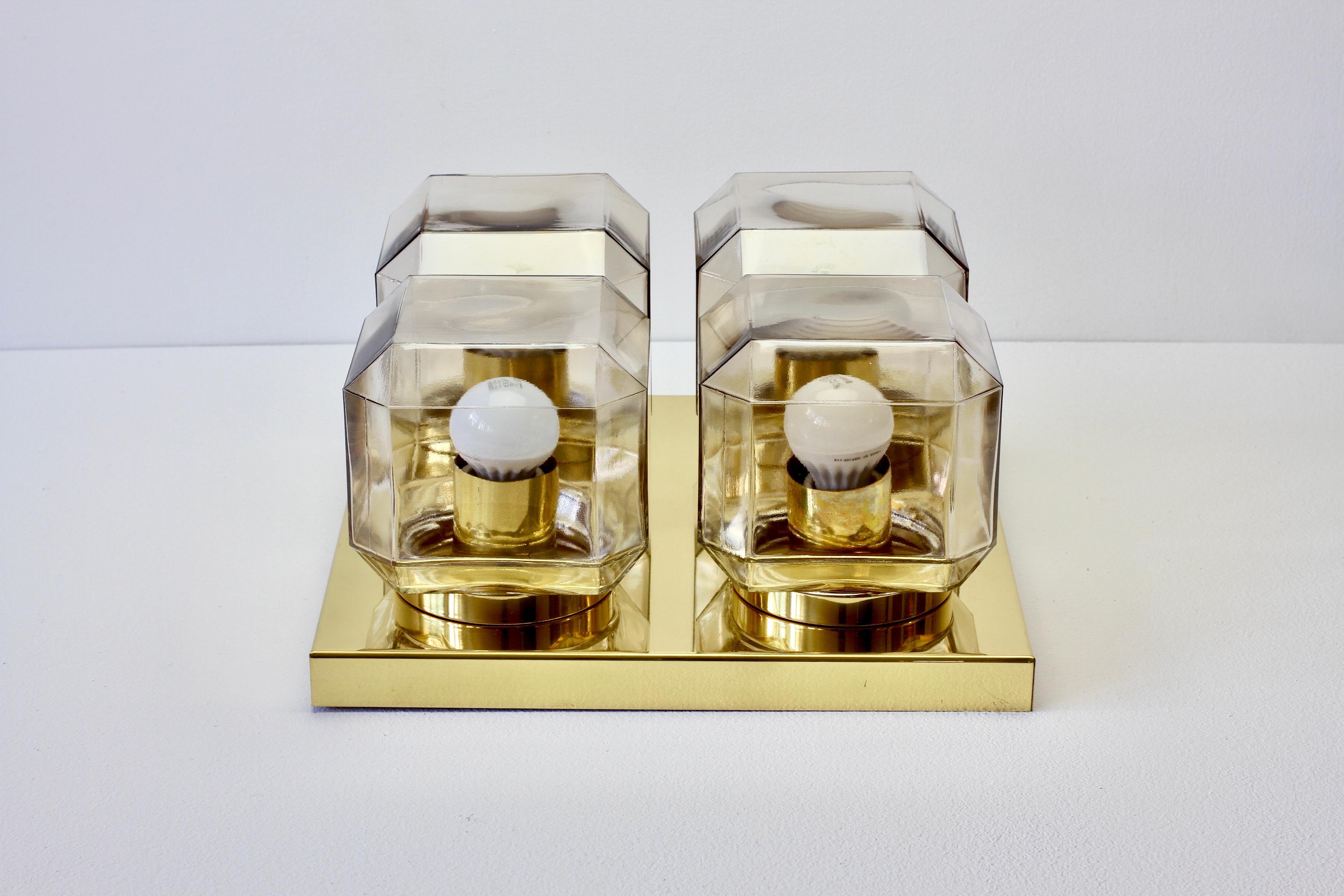 Limburg Pair Vintage Geometric Champagne Toned Glass & Brass Flush Mounts 1970 In Excellent Condition For Sale In Landau an der Isar, Bayern