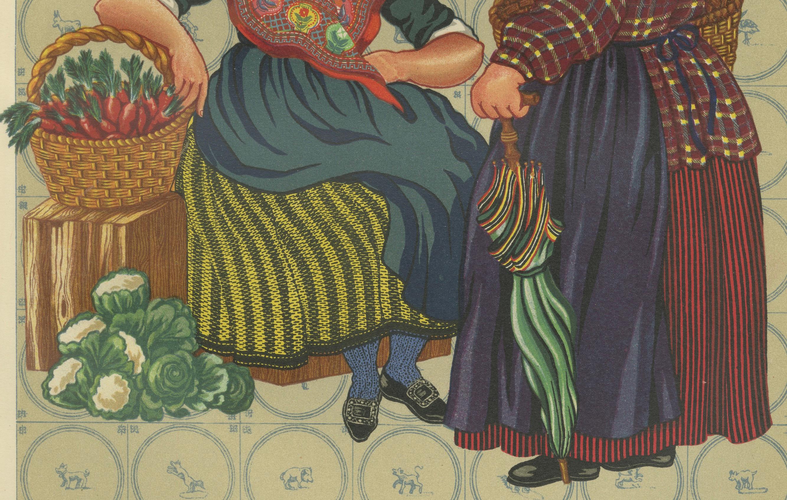 Limburger Bäuerinnen mit Strohhauben, erste Hälfte des 19. Jahrhunderts

Diese lebendige Lithografie aus der seltenen Ausgabe *The National Costumes of Holland* von de Gardilanne & Moffatt aus dem Jahr 1932 zeigt zwei Frauen aus Limburg im Südosten