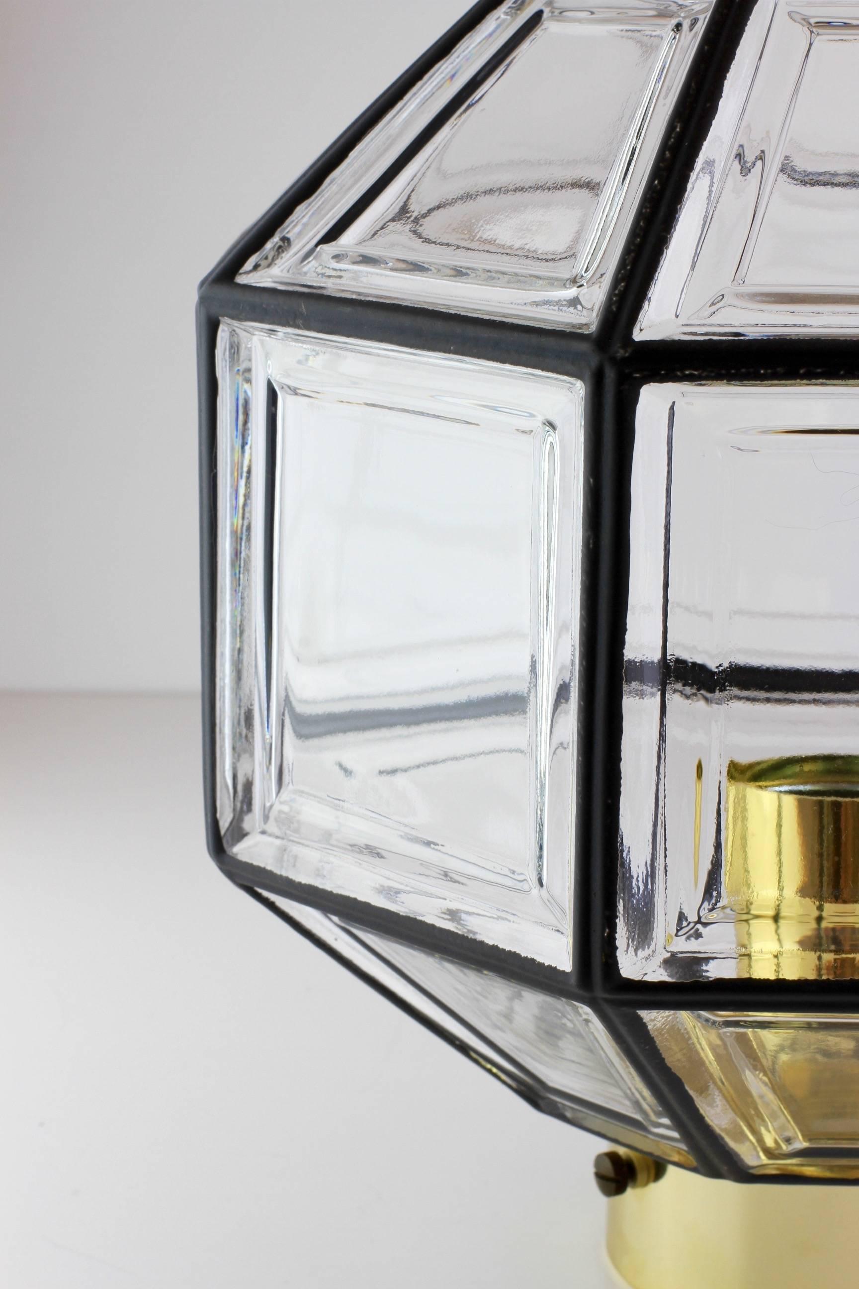 Mid-Century Modern Limburg Set of Three Large Vintage Iron and Clear Glass Flush Mount Lights