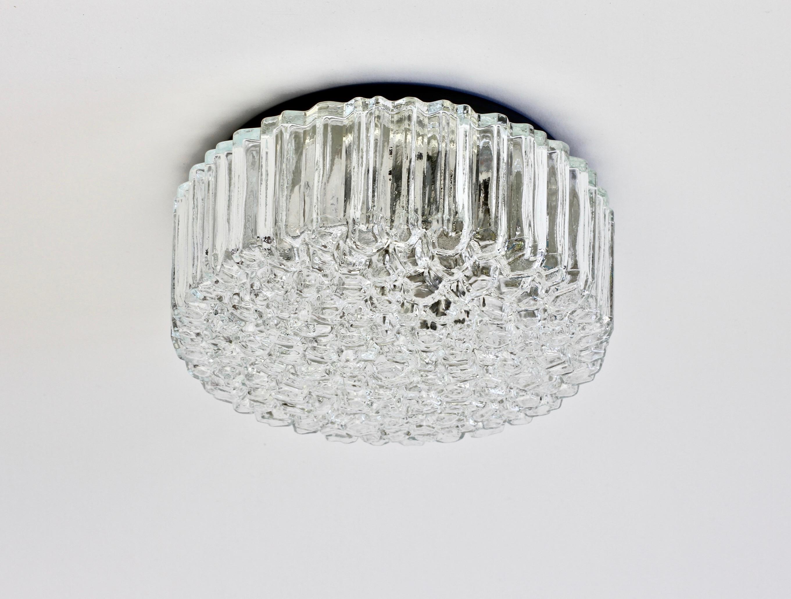 German Limburg Vintage 1970s Textured Clear Glass 'Ice Crystals' Flush Mount Wall Light