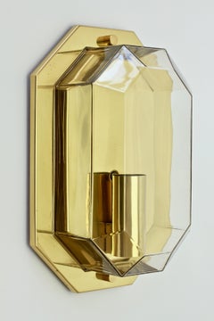 Limburg Vintage Pair of Geometric Clear Glass & Brass Wall Lights/Sconces, 1980s