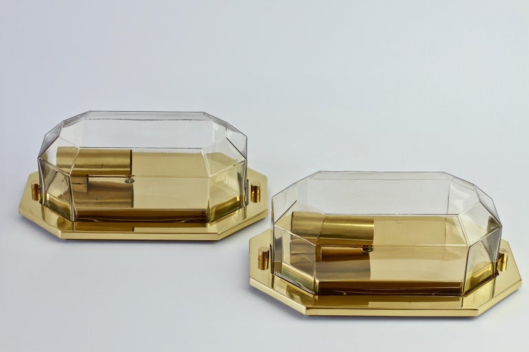 Molded Limburg Vintage Pair of Geometric Clear Glass & Brass Wall Lights/Sconces, 1980s For Sale