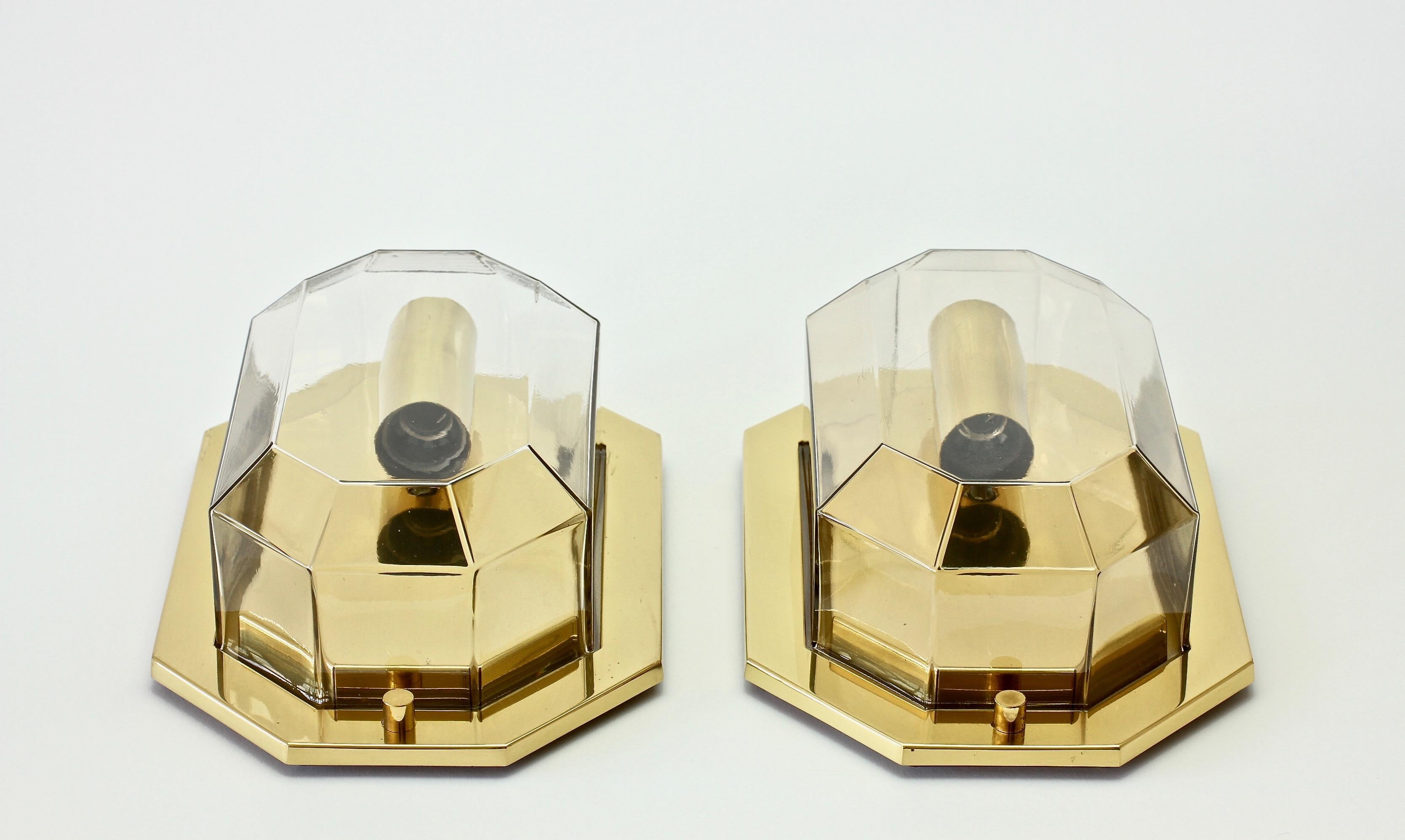 Blown Glass Limburg Vintage Pair of Geometric Clear Glass & Brass Wall Lights/Sconces, 1980s For Sale