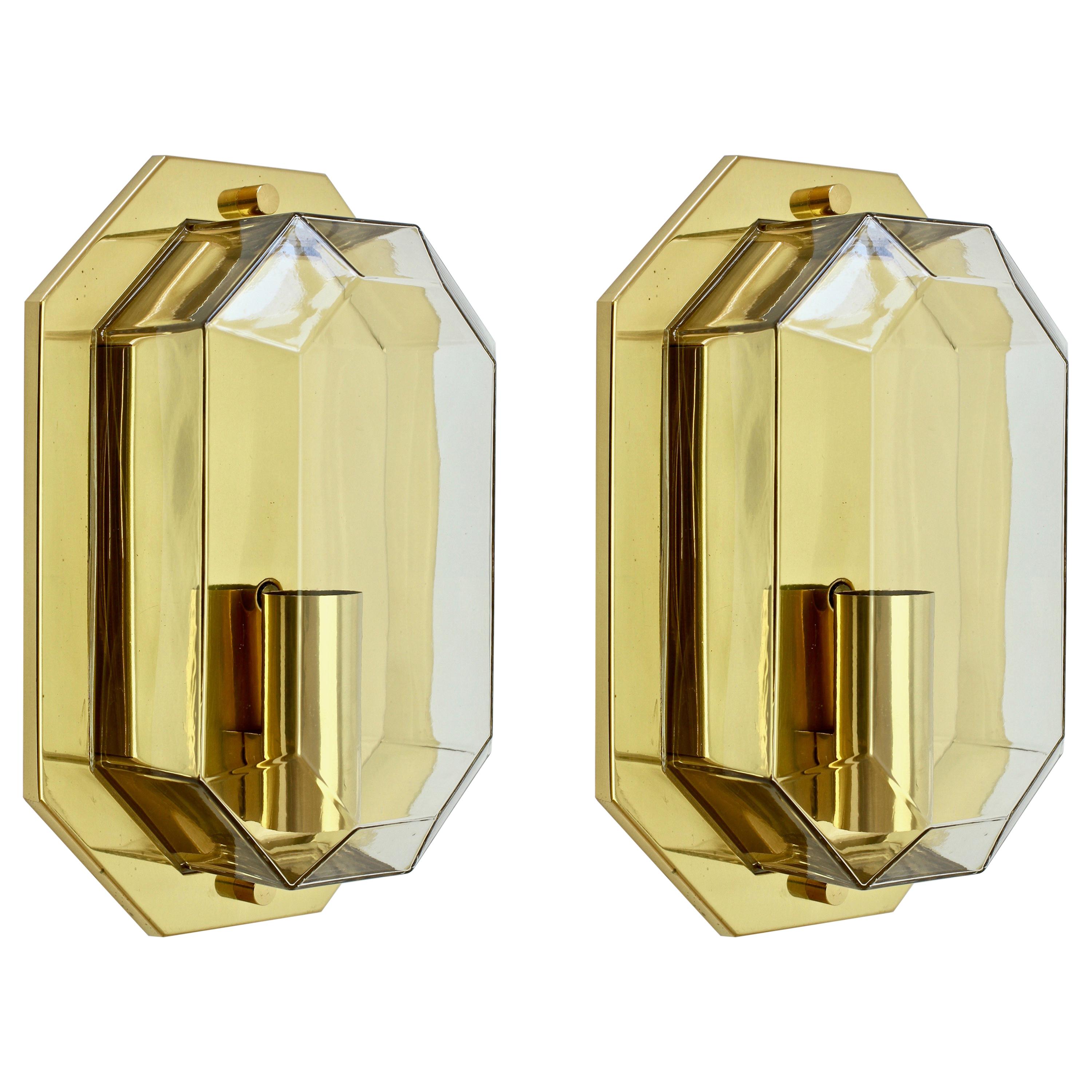 Limburg Vintage Pair of Geometric Clear Glass & Brass Wall Lights/Sconces, 1980s