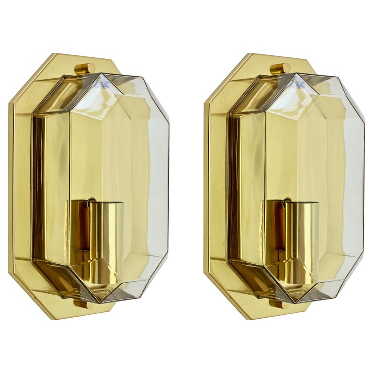 Limburg Vintage Pair of Geometric Clear Glass & Brass Wall Lights/Sconces, 1980s For Sale
