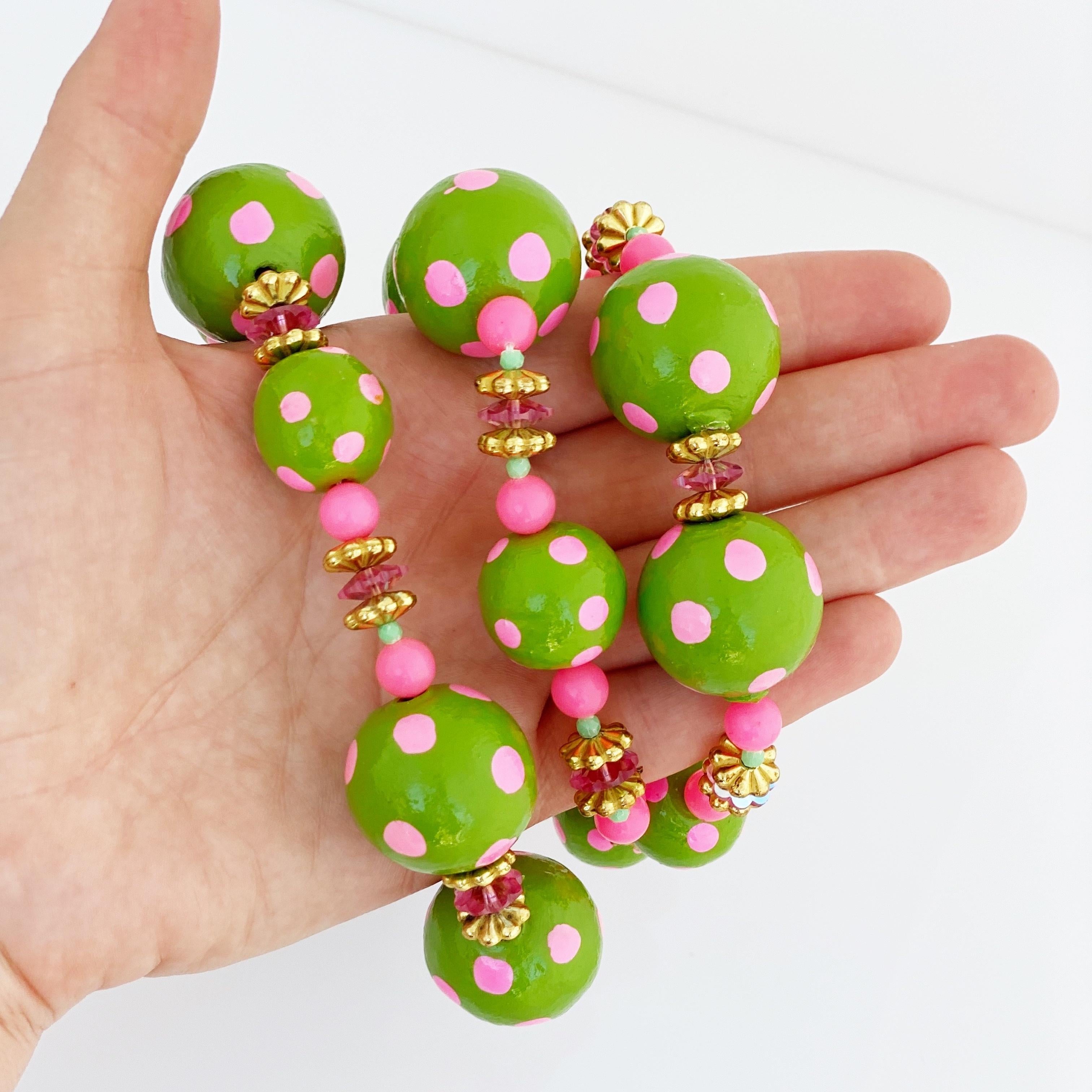 Modern Lime and Pink Paper Mache Beaded Statement Necklace By Alice Caviness, 1970s
