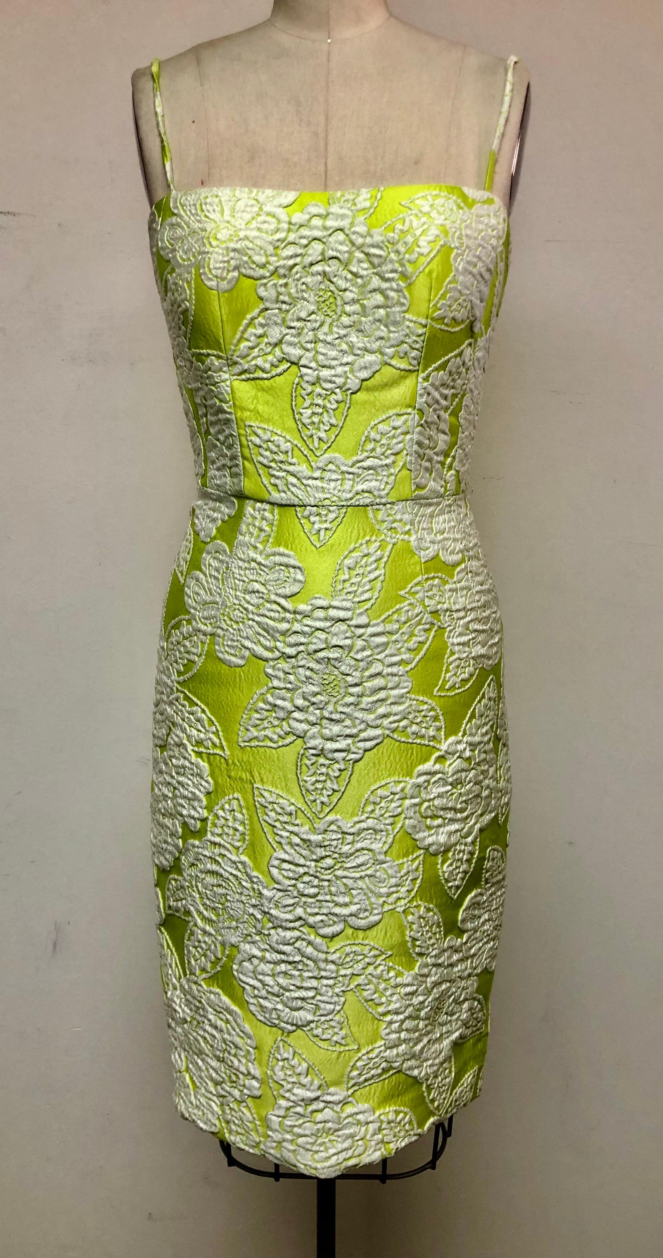 Lime and White Matalasse Spaghetti Strap Fitted Short Dress In Excellent Condition In Los Angeles, CA