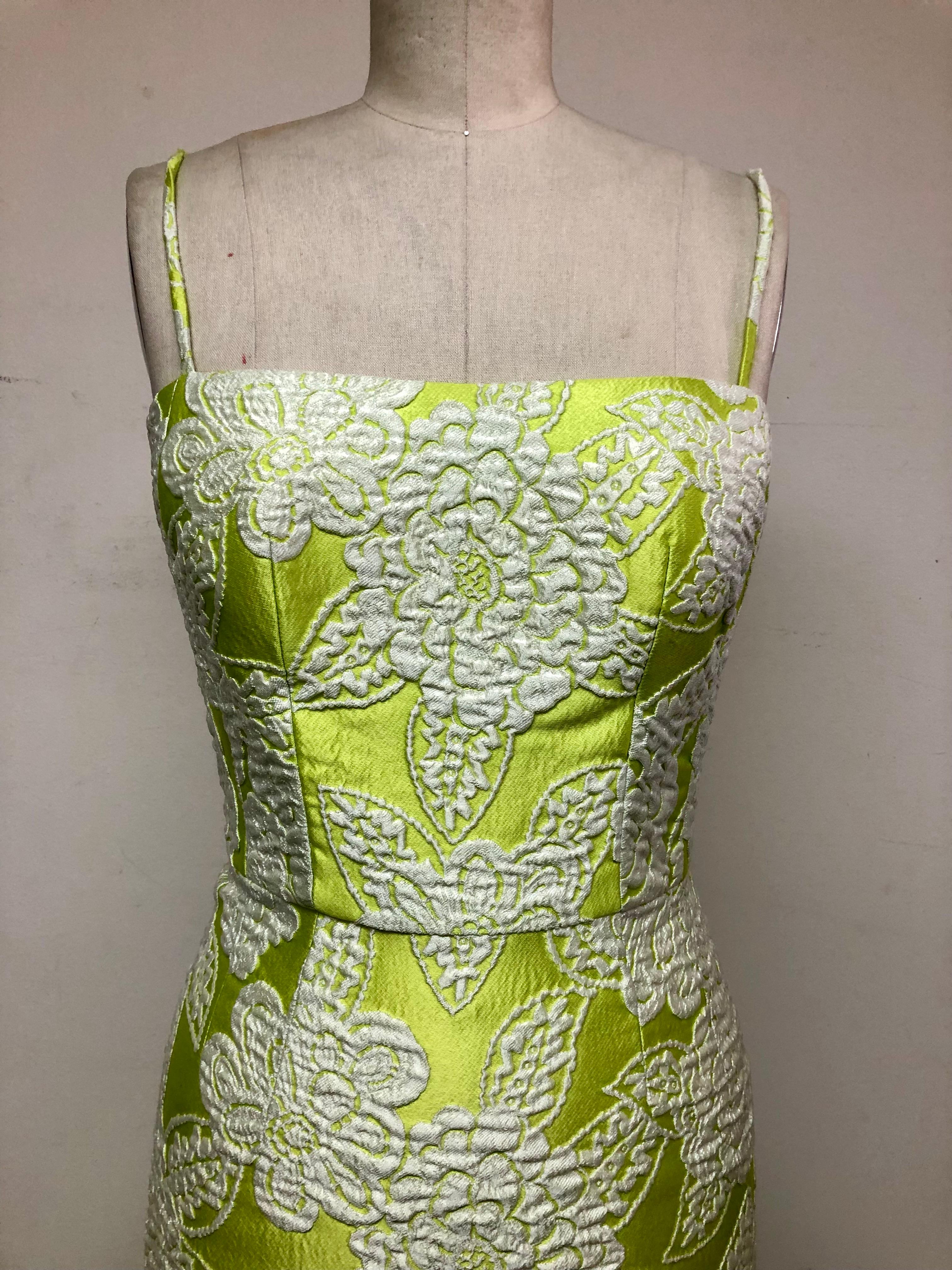 Women's Lime and White Matalasse Spaghetti Strap Fitted Short Dress