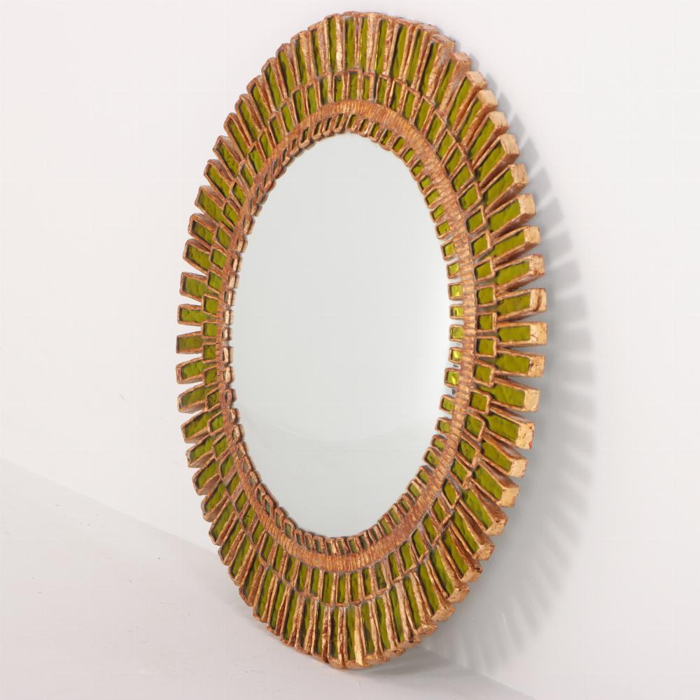Mid-Century Modern Lime glass & resin convex mirror. For Sale