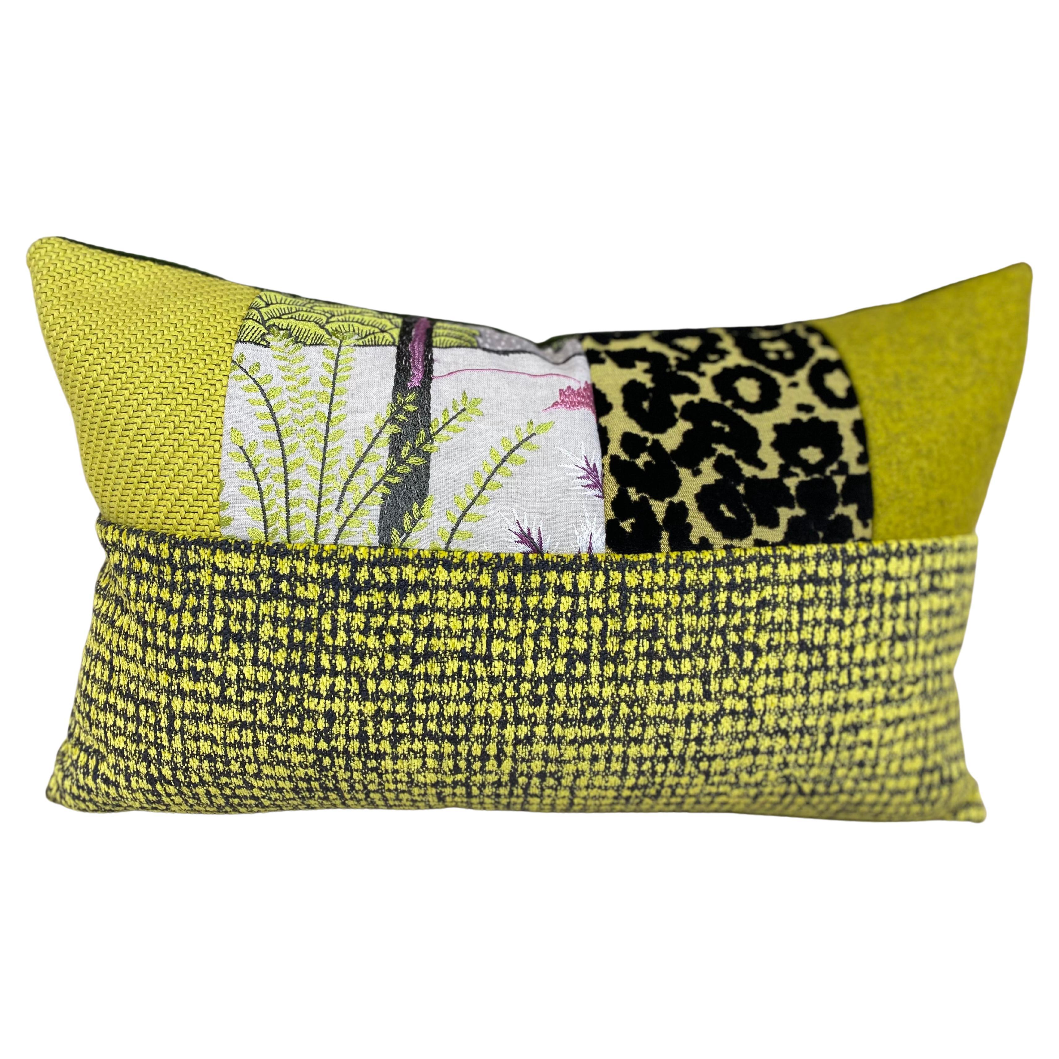 Lime Green Accent Lumbar Pillow with Black and White and Pink Accent Panels