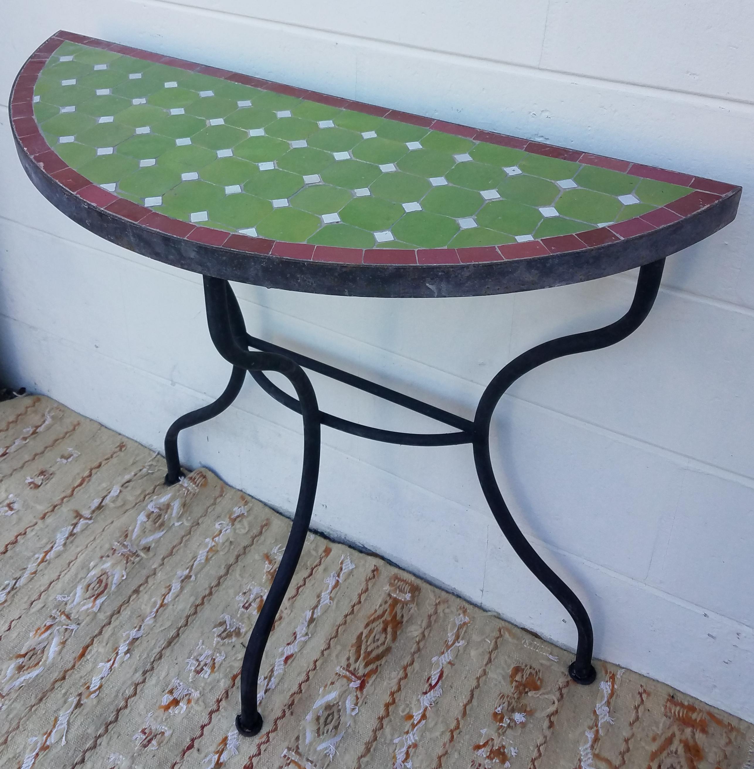 Lime Green and Red Trim Moroccan Mosaic Side Table Half-Moon 2