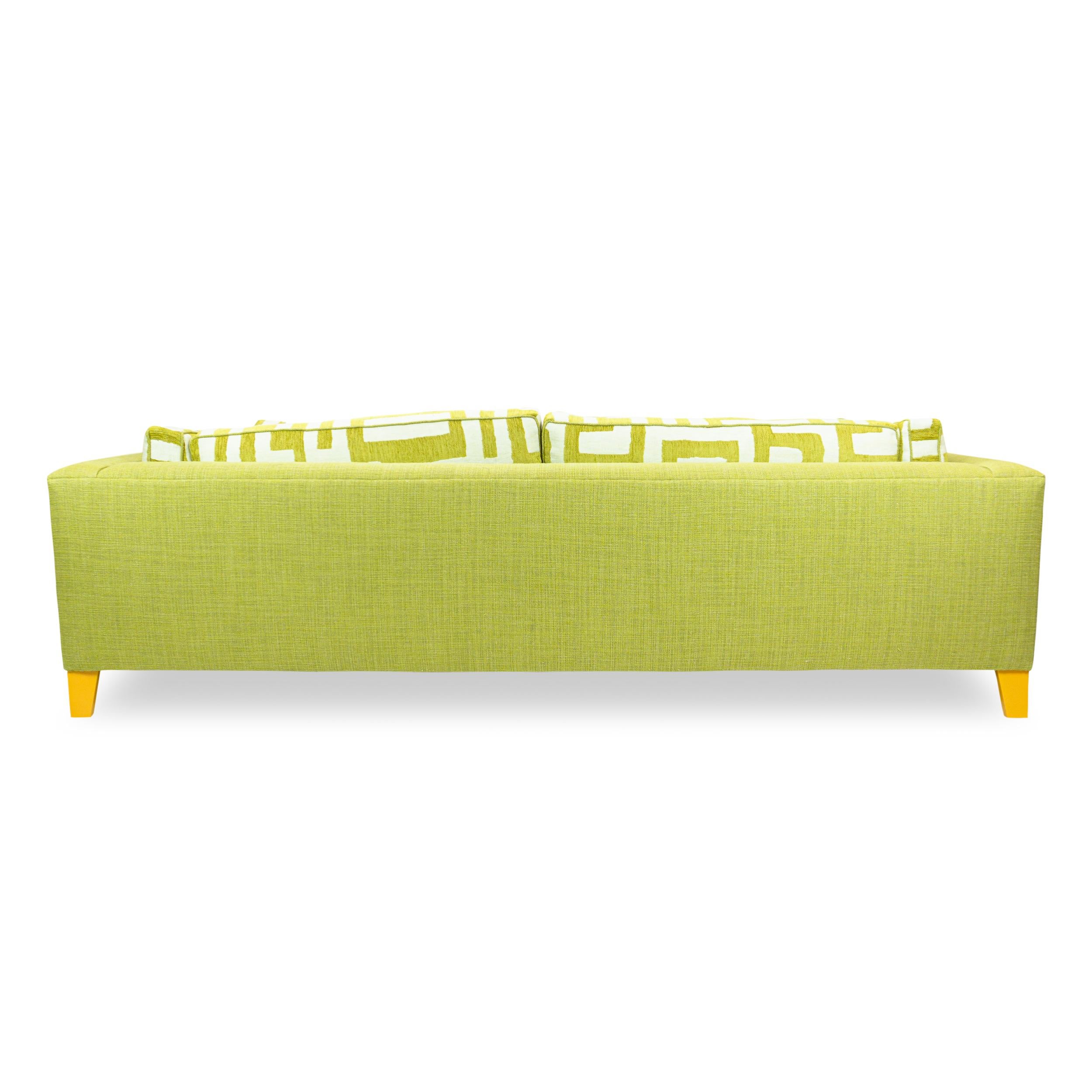 Contemporary Lime Green Bench Cushion Sofa with Maze Pattern Cushions and Sunflower Feet For Sale