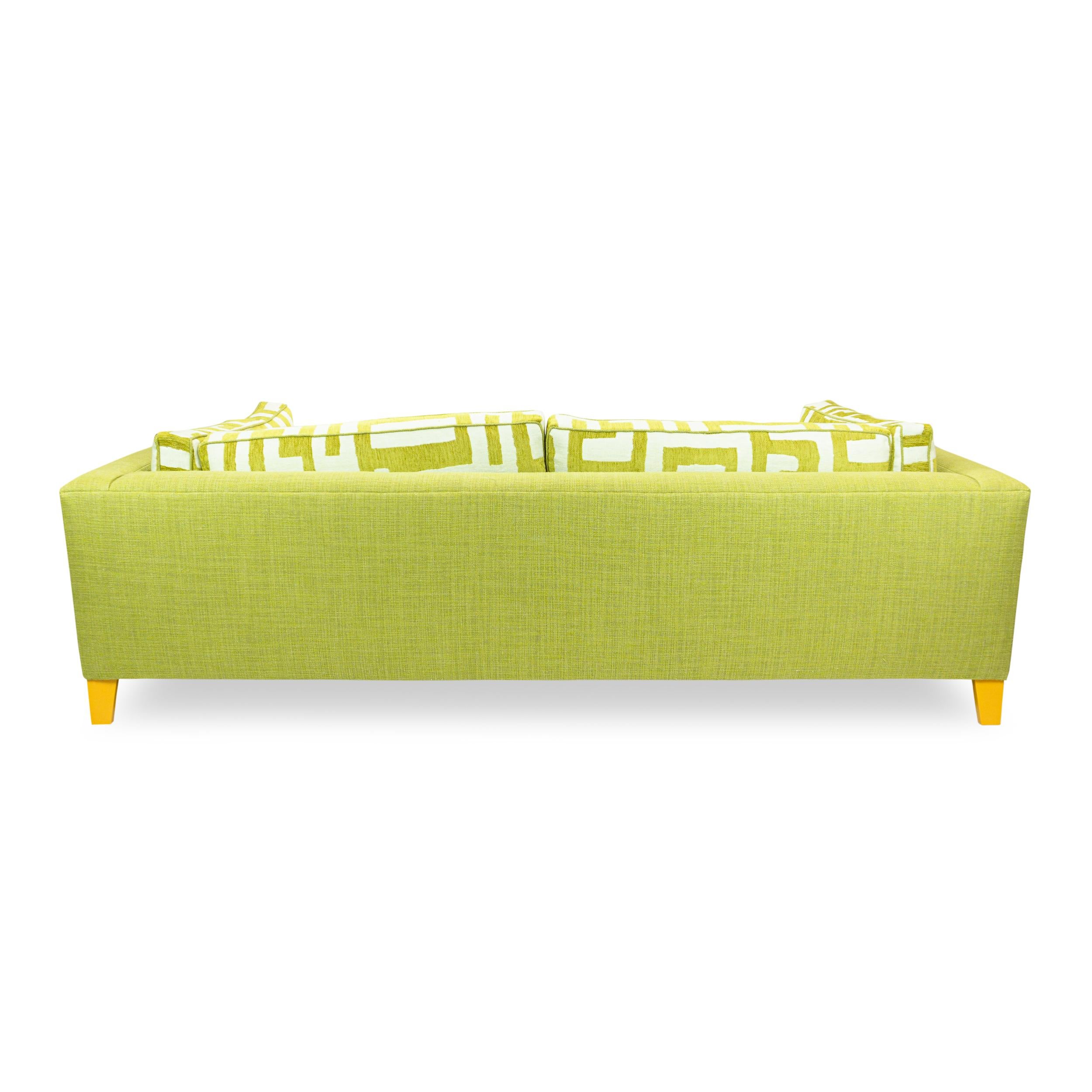 Maple Lime Green Bench Cushion Sofa with Maze Pattern Cushions and Sunflower Feet For Sale