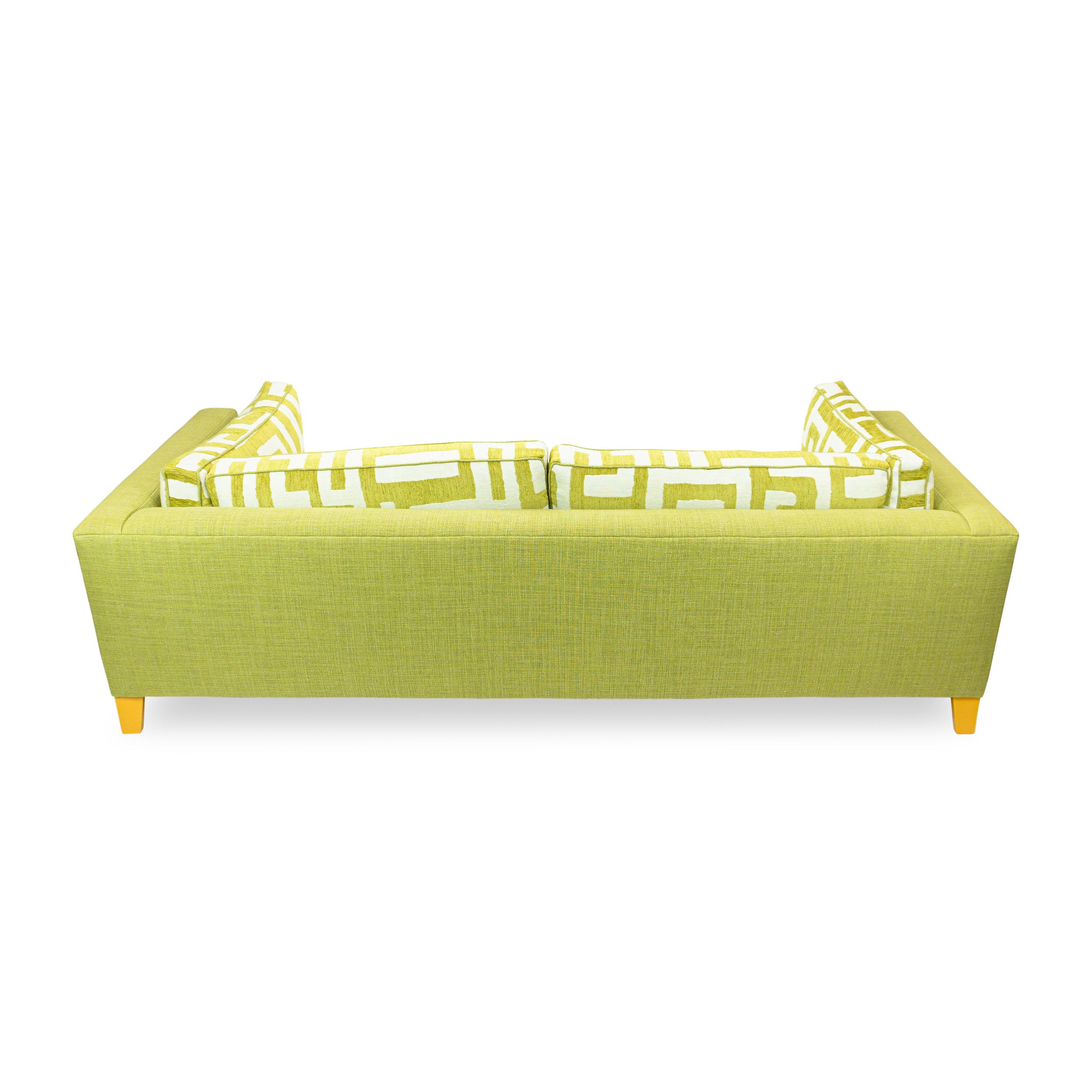 Lime Green Bench Cushion Sofa with Maze Pattern Cushions and Sunflower Feet For Sale 1