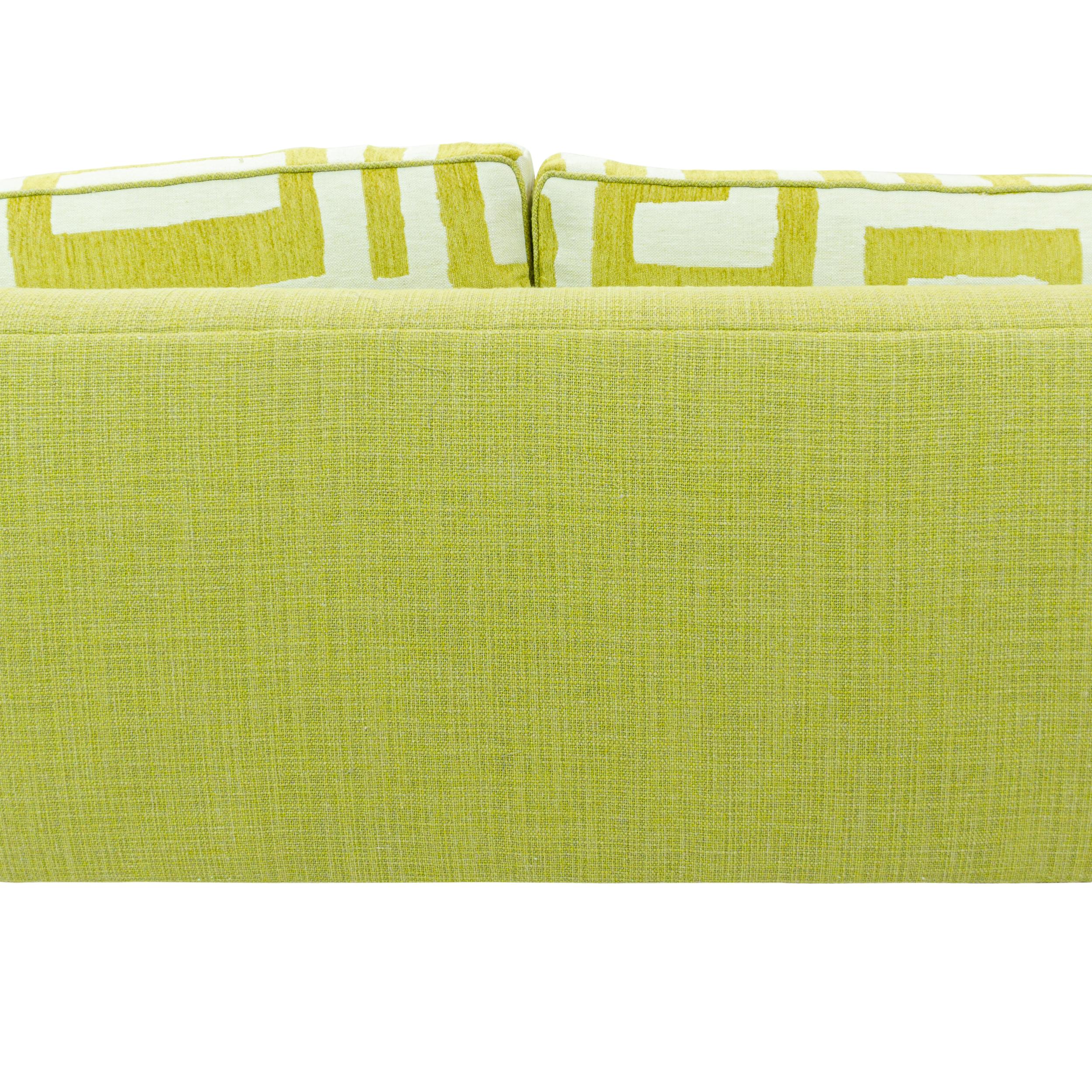 Lime Green Bench Cushion Sofa with Maze Pattern Cushions and Sunflower Feet For Sale 2