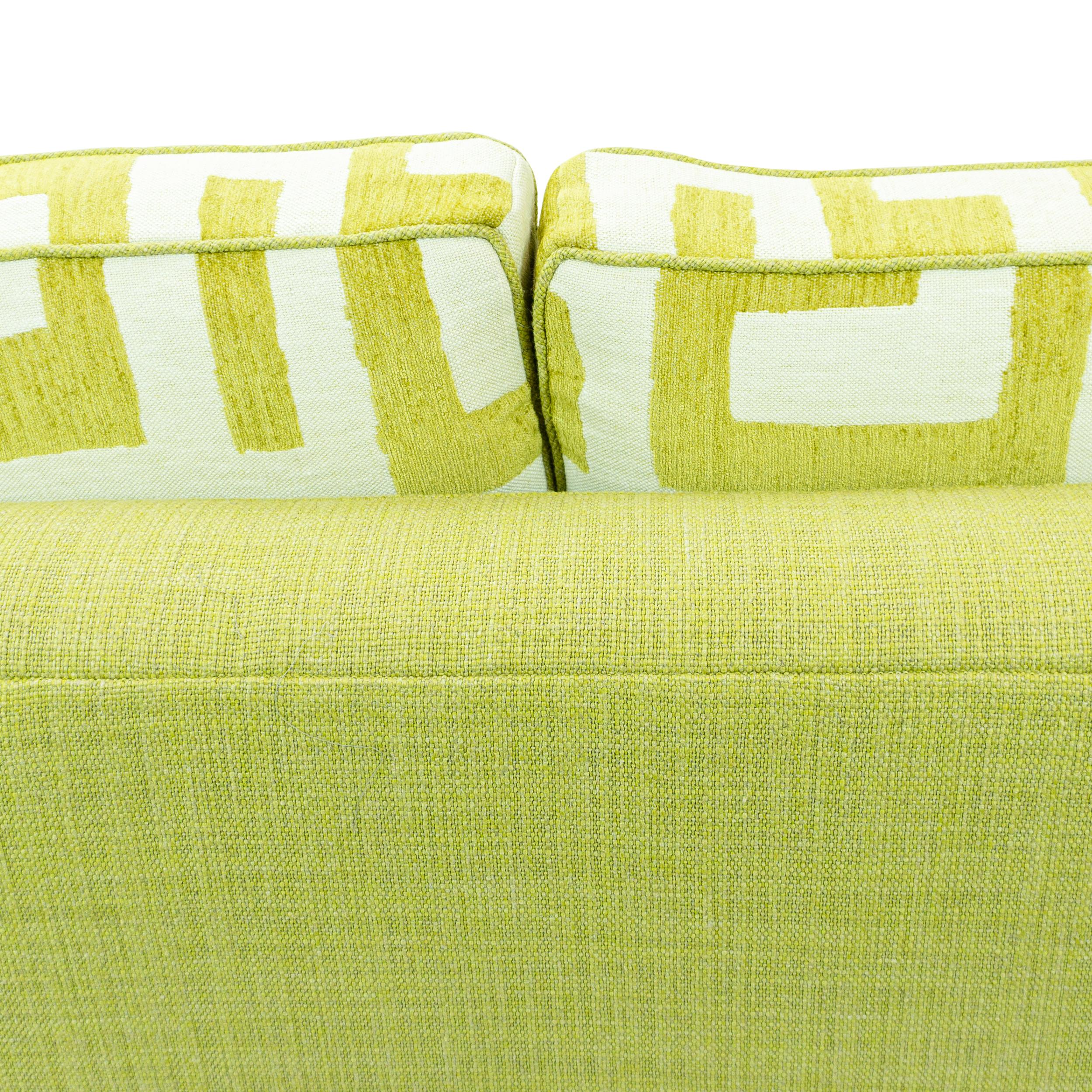 Lime Green Bench Cushion Sofa with Maze Pattern Cushions and Sunflower Feet For Sale 3