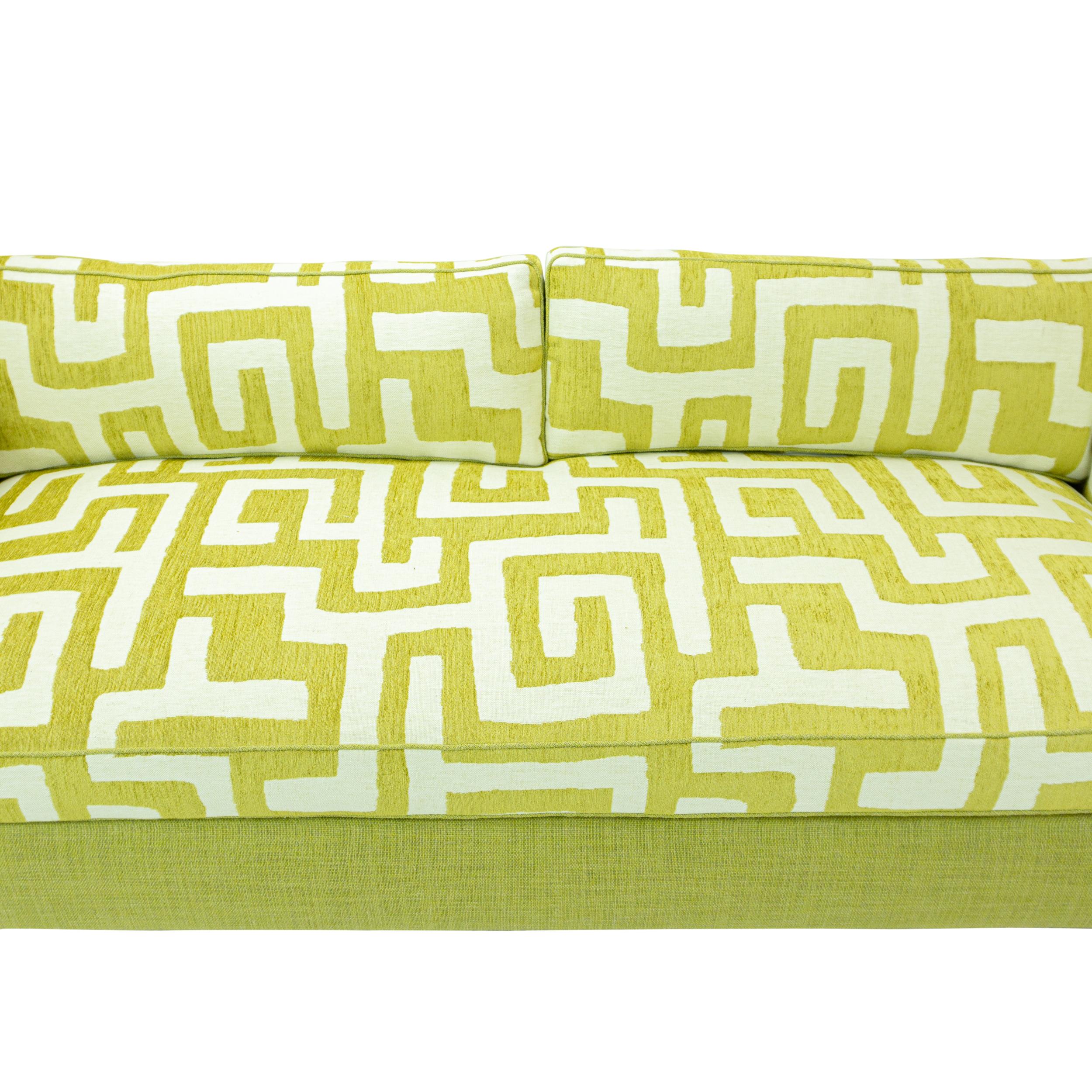 Lime Green Bench Cushion Sofa with Maze Pattern Cushions and Sunflower Feet For Sale 4