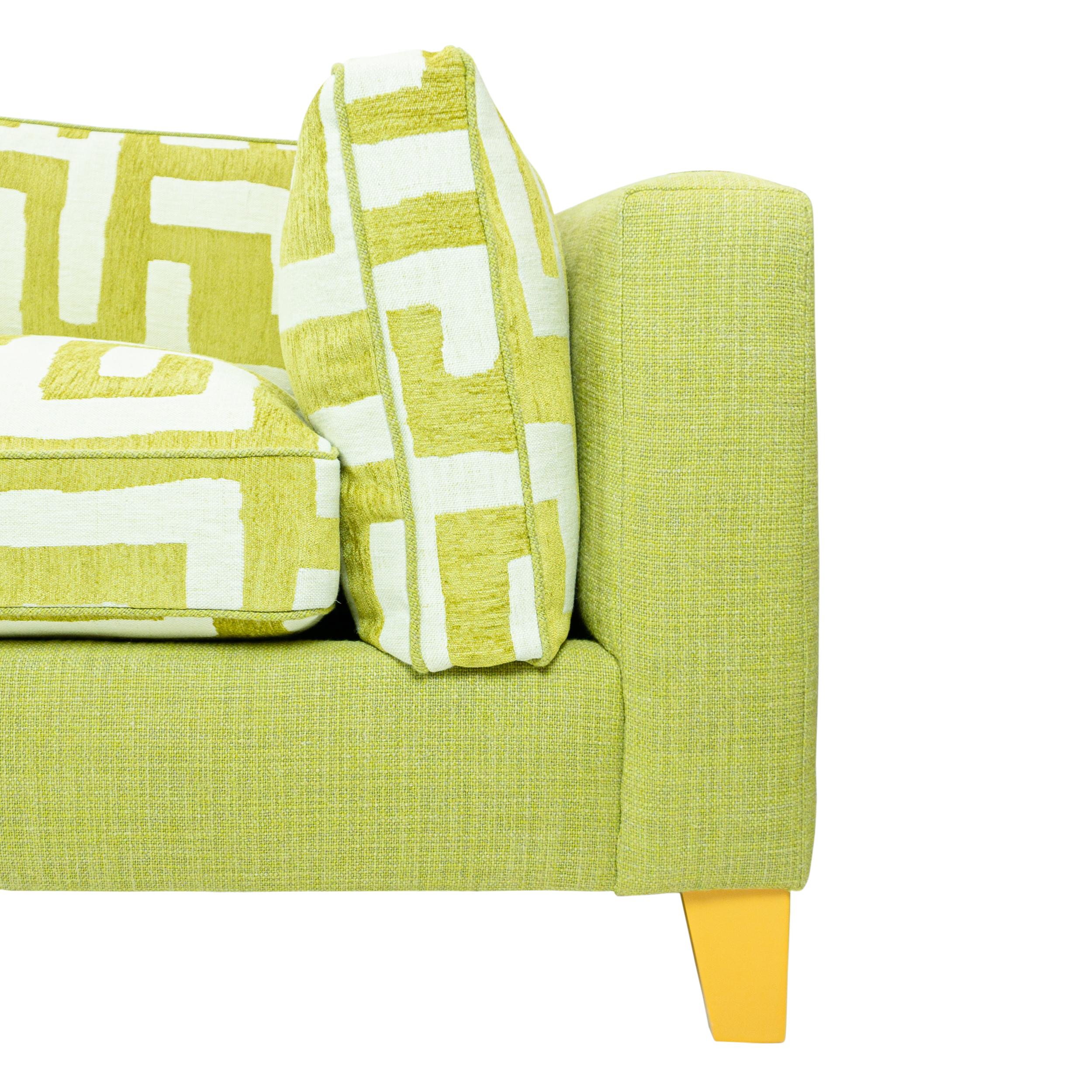 Lime Green Bench Cushion Sofa with Maze Pattern Cushions and Sunflower Feet For Sale 5
