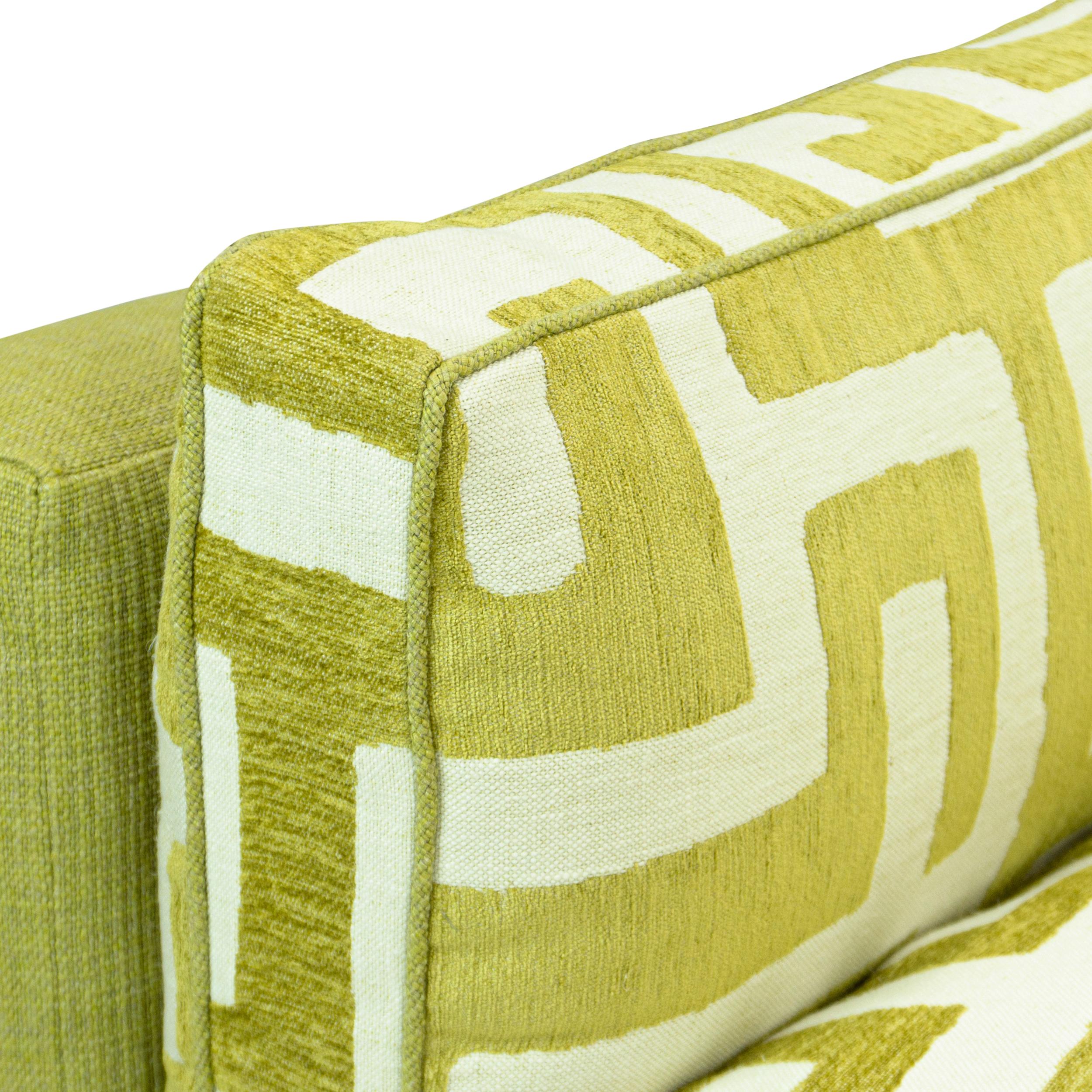 Lime Green Bench Cushion Sofa with Maze Pattern Cushions and Sunflower Feet For Sale 7