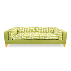 Lime Green Bench Cushion Sofa with Maze Pattern Cushions and Sunflower Feet