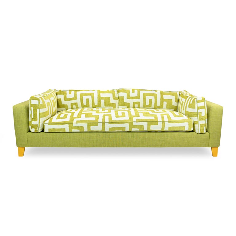 Lime Green Bench Cushion Sofa with Maze Pattern Cushions and Sunflower
