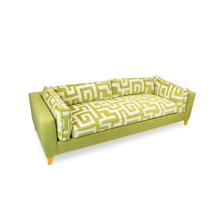 Lime Green Bench Cushion Sofa with Maze Pattern Cushions and Sunflower