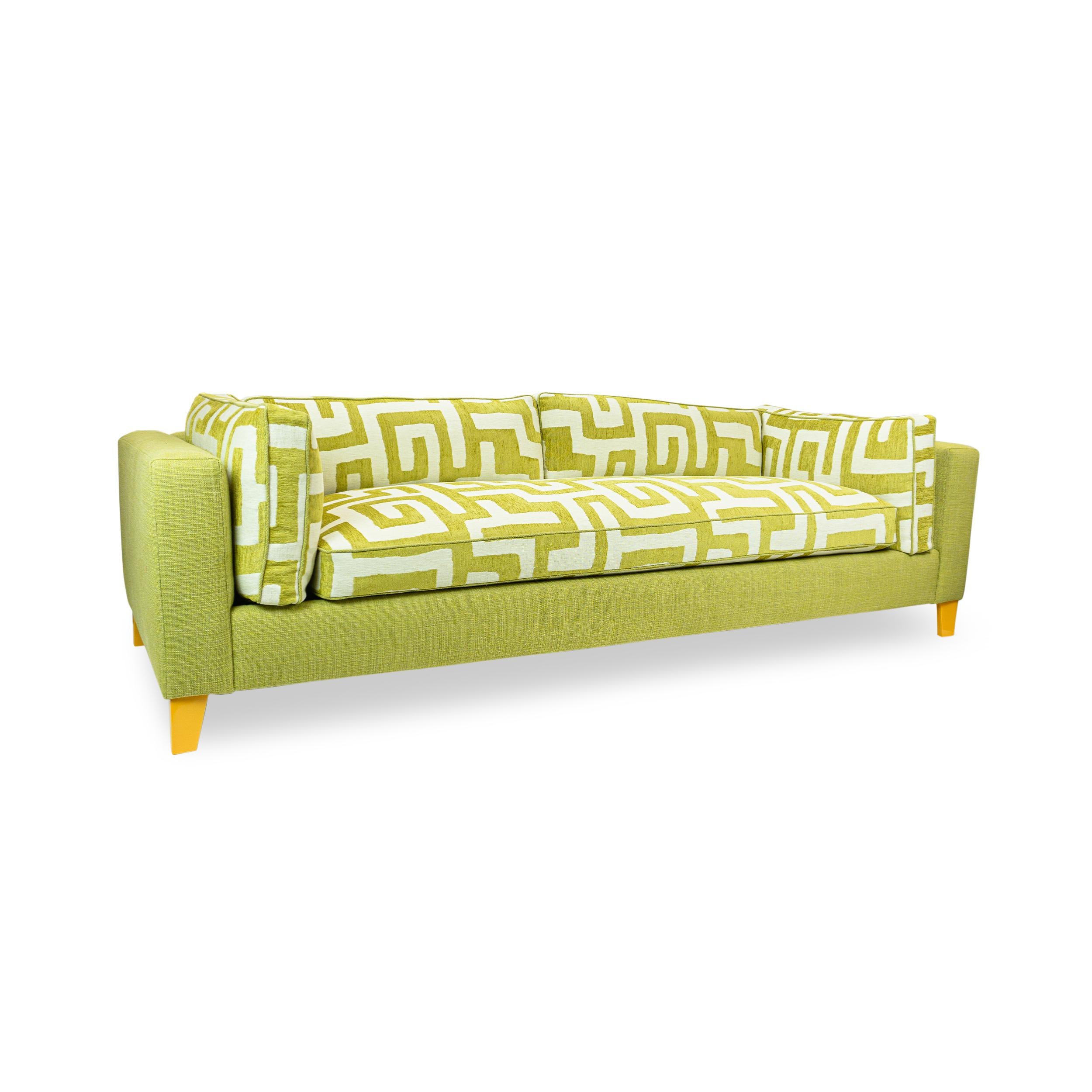 Mid-Century Modern Lime Green Bench Cushion Sofa with Maze Pattern Cushions and Sunflower Feet For Sale