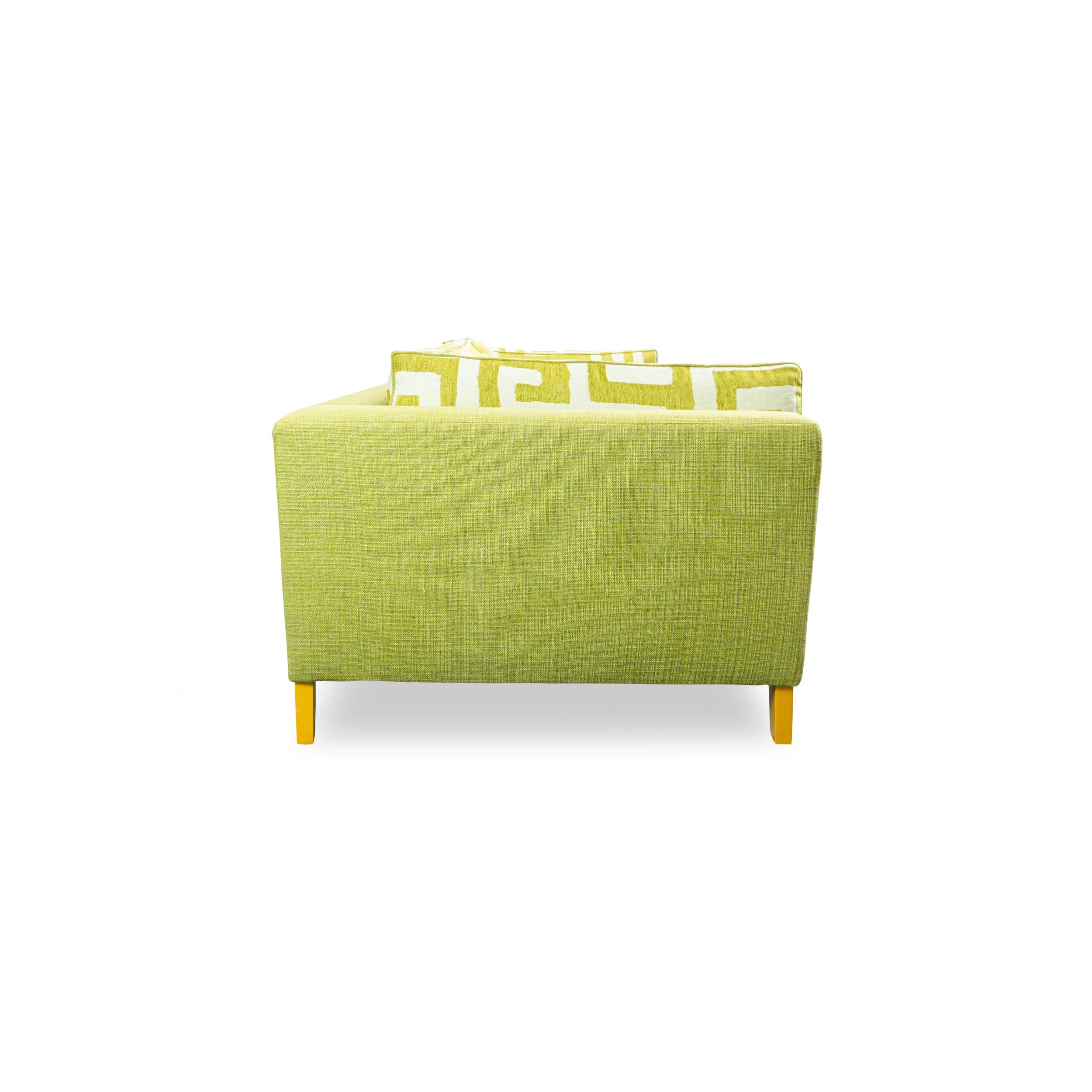American Lime Green Bench Cushion Sofa with Maze Pattern Cushions and Sunflower Feet For Sale