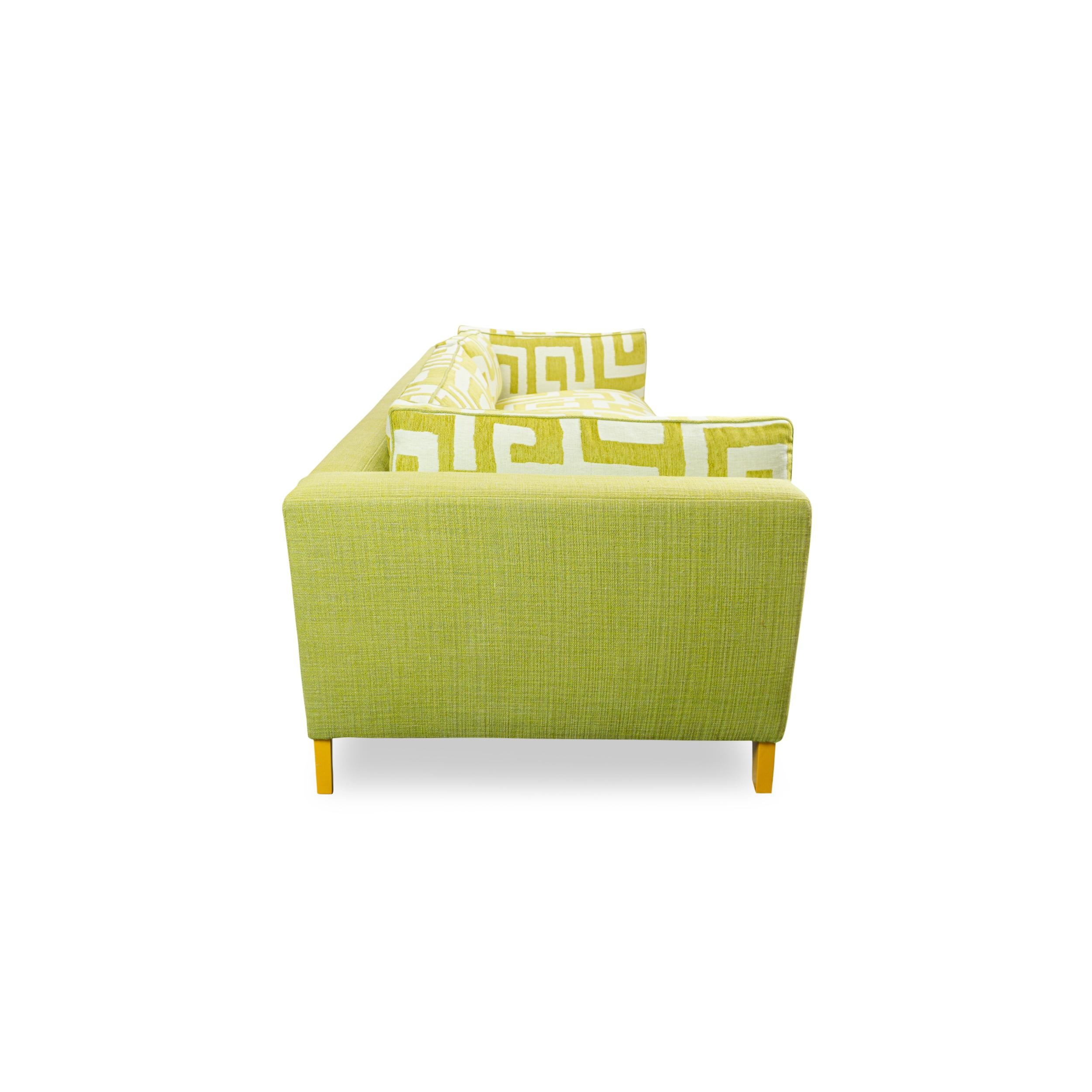 Lacquered Lime Green Bench Cushion Sofa with Maze Pattern Cushions and Sunflower Feet For Sale
