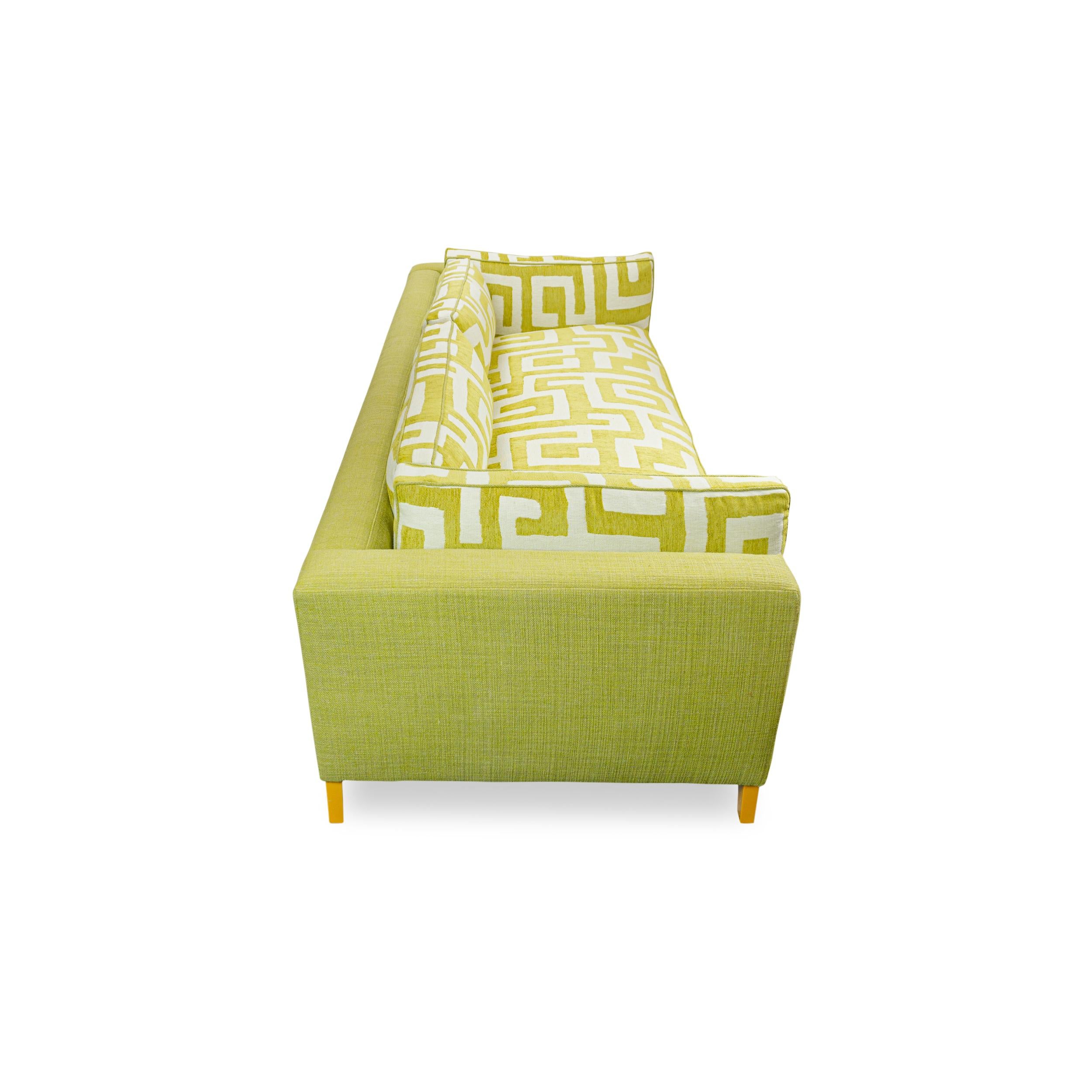 Lime Green Bench Cushion Sofa with Maze Pattern Cushions and Sunflower Feet In New Condition For Sale In Greenwich, CT
