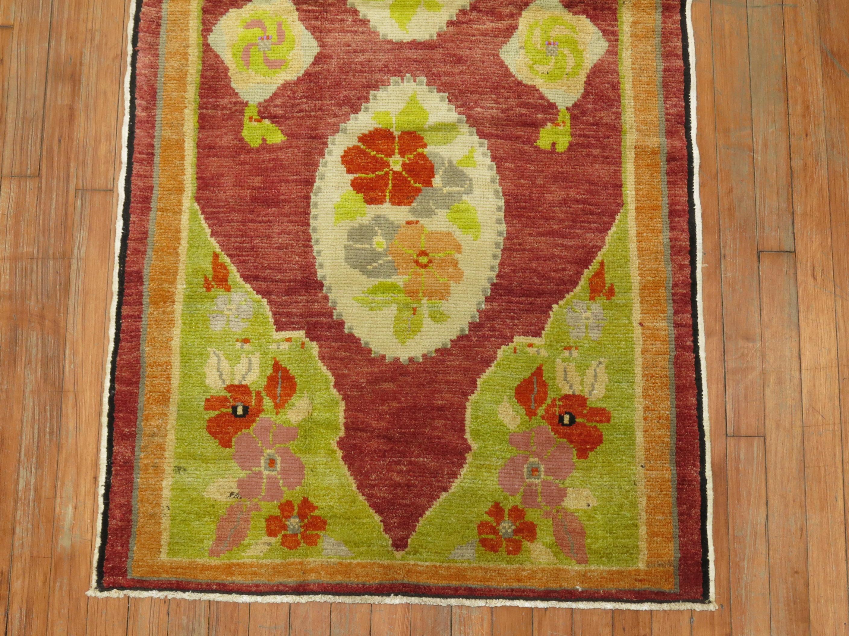 Hand-Knotted Lime Green Bright Red 20th Century Turkish Runner