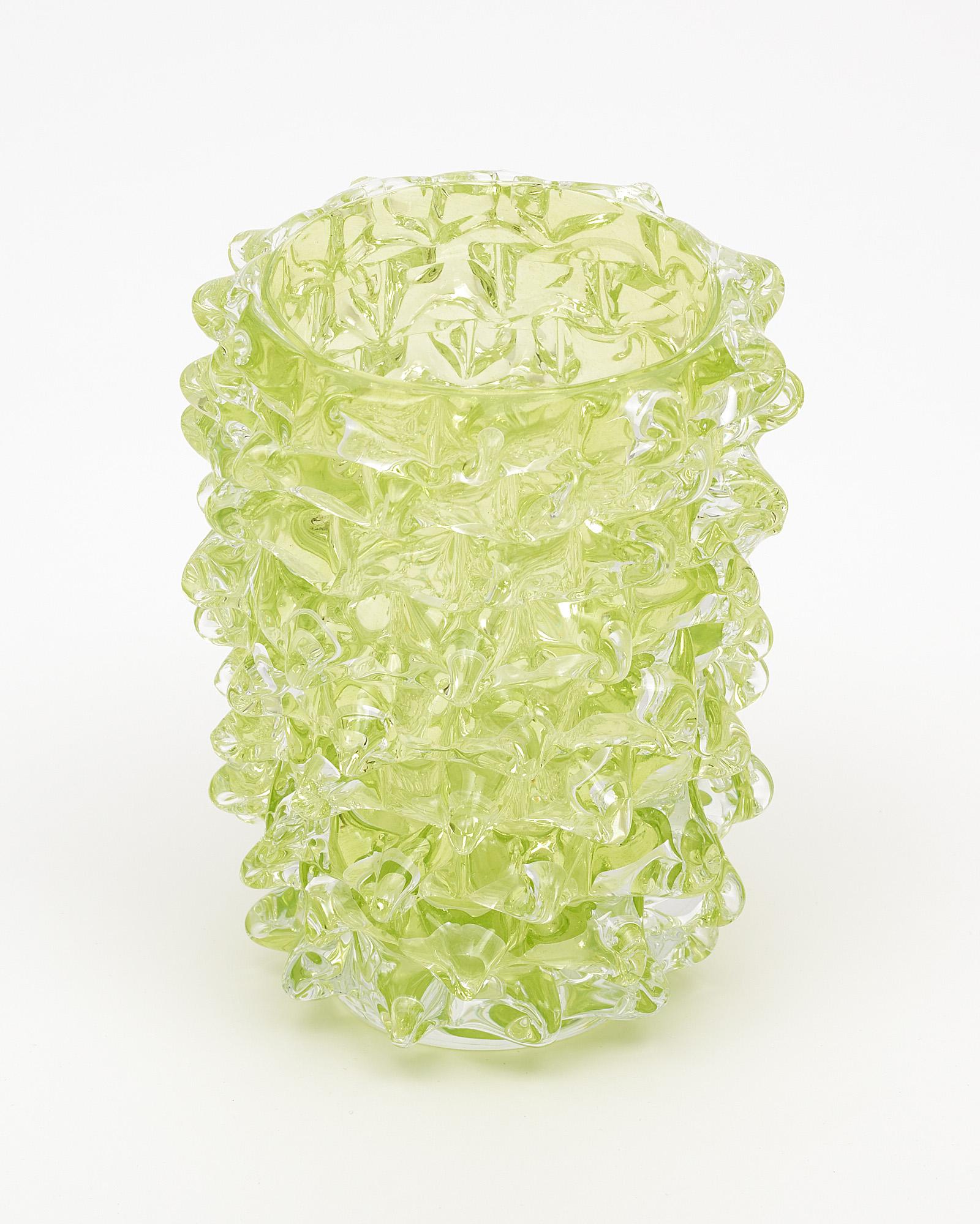 Murano glass vase, Italian, from the island of Murano and crafted in the manner of Barovier. This hand-blown piece has a striking lime green color and is made with the “rostrate” technique.