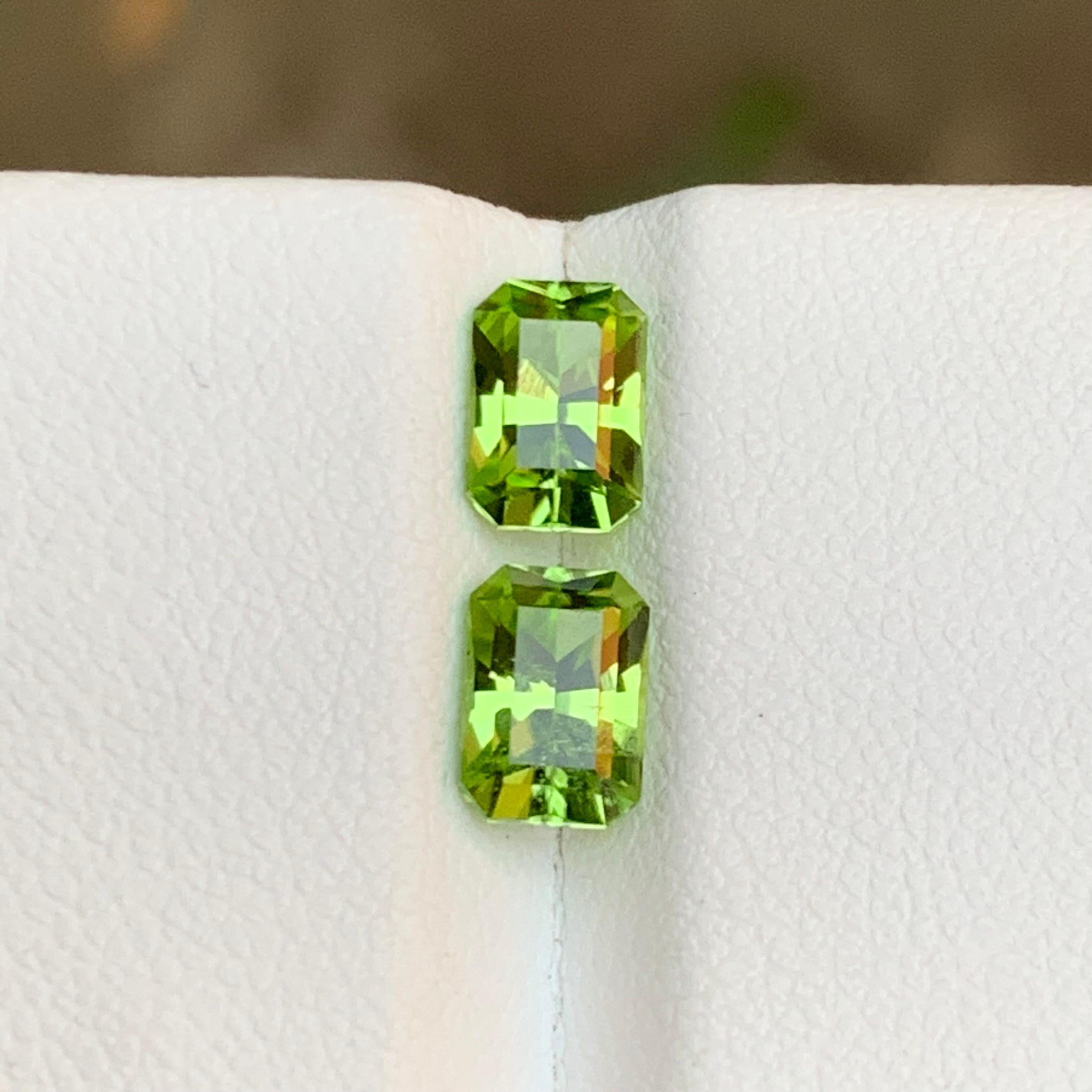 Contemporary Lime Green Natural Peridot Gemstones Pair 1.95 Ct Emerald Cut  Earrings Jewelry For Sale