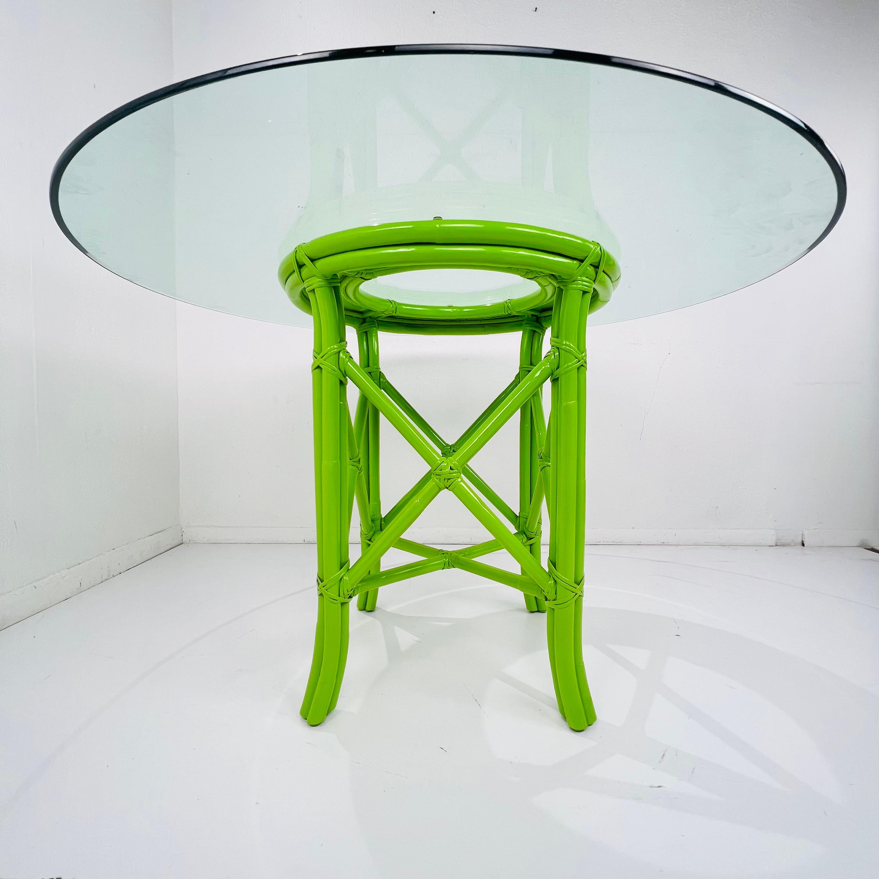 Lime Green Patio Set with 4 Chinese Chippendale Chairs and Glass Top Table For Sale 2