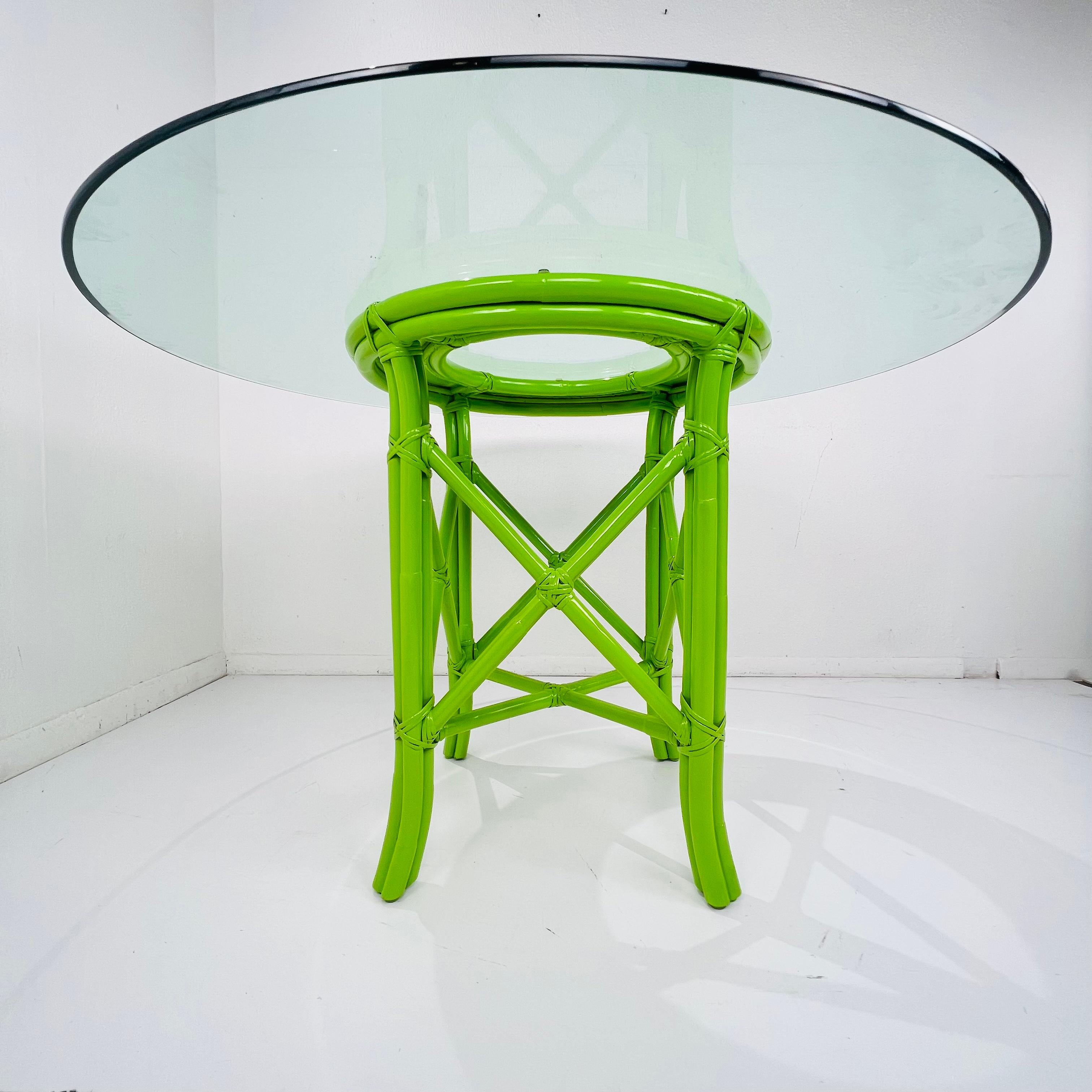 Lime Green Patio Set with 4 Chinese Chippendale Chairs and Glass Top Table 2